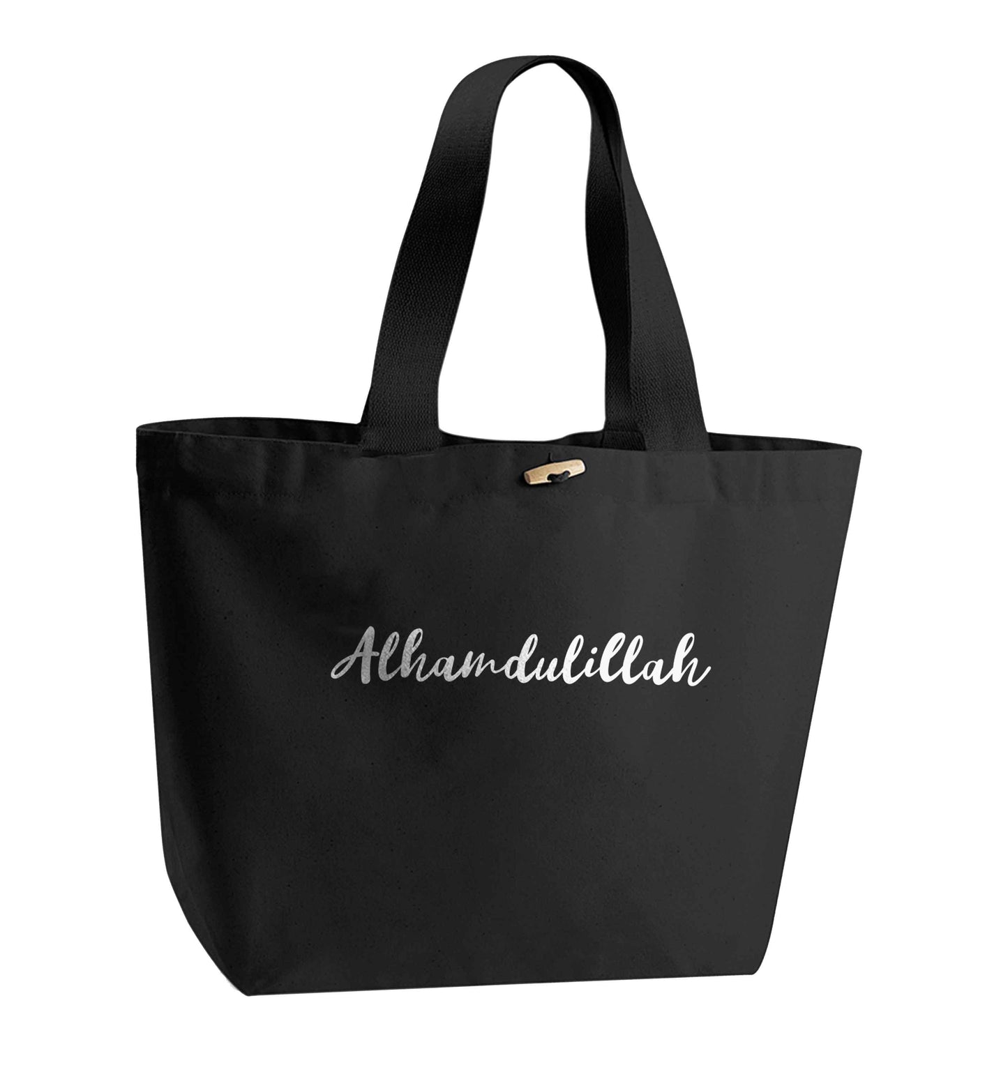 alhamdulillah organic cotton premium tote bag with wooden toggle in black