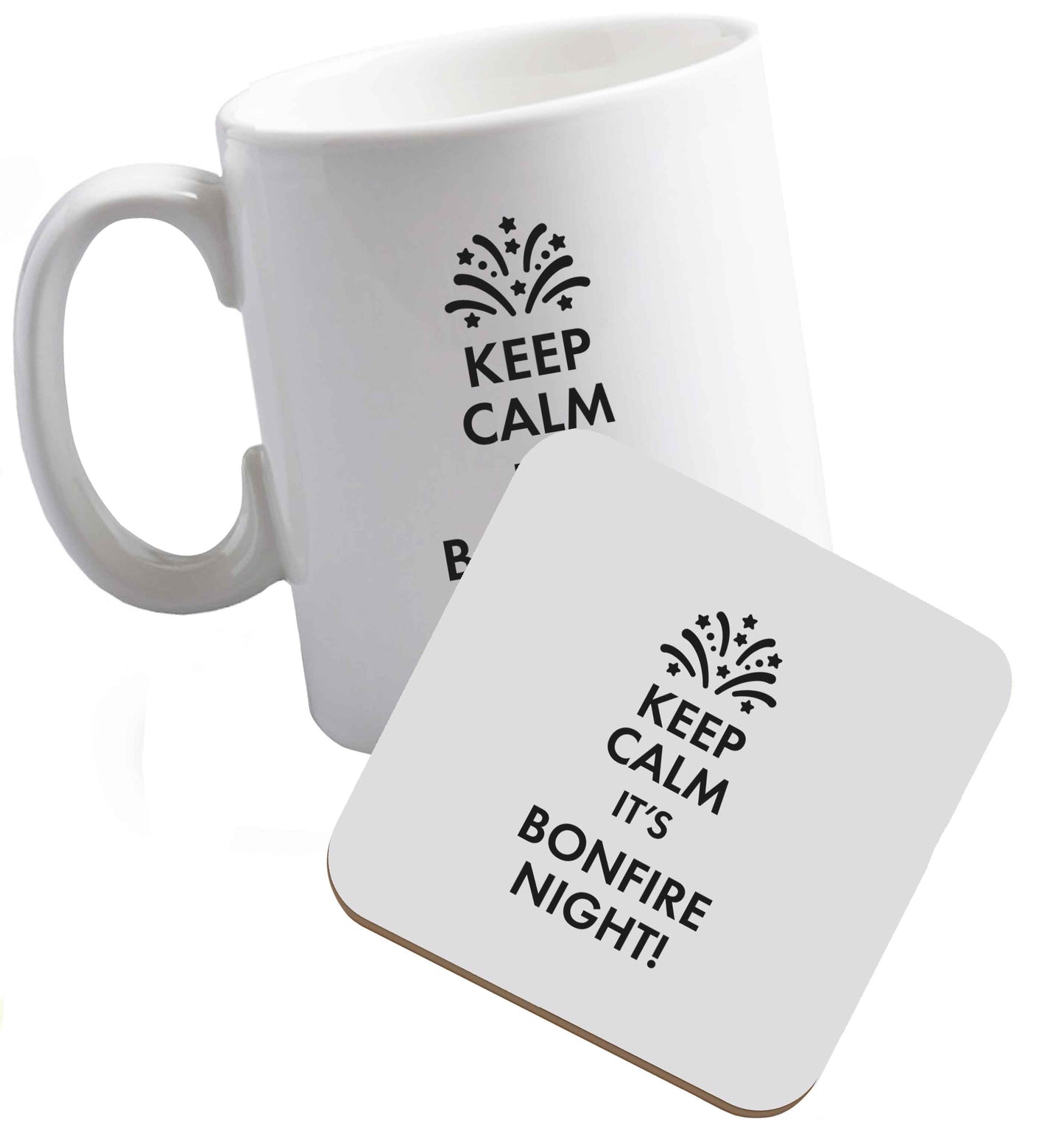 10 oz Keep calm its bonfire night ceramic mug and coaster set right handed
