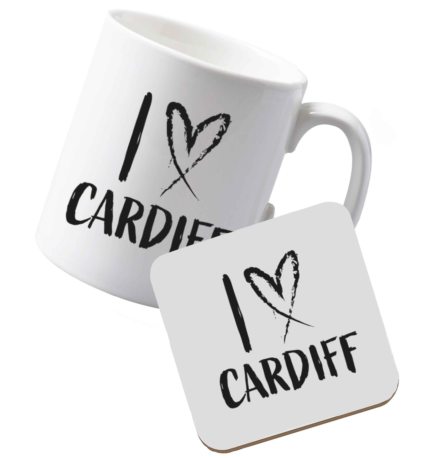10 oz Ceramic mug and coaster I love Cardiff both sides