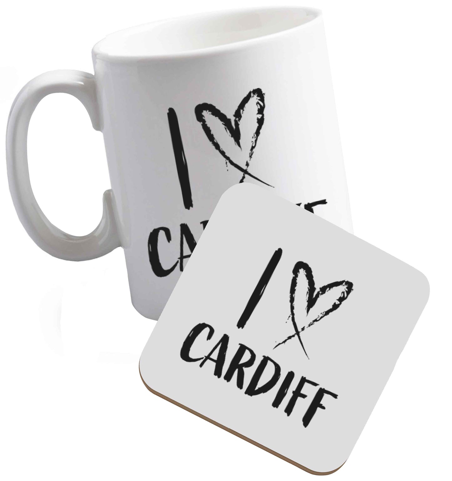 10 oz I love Cardiff ceramic mug and coaster set right handed