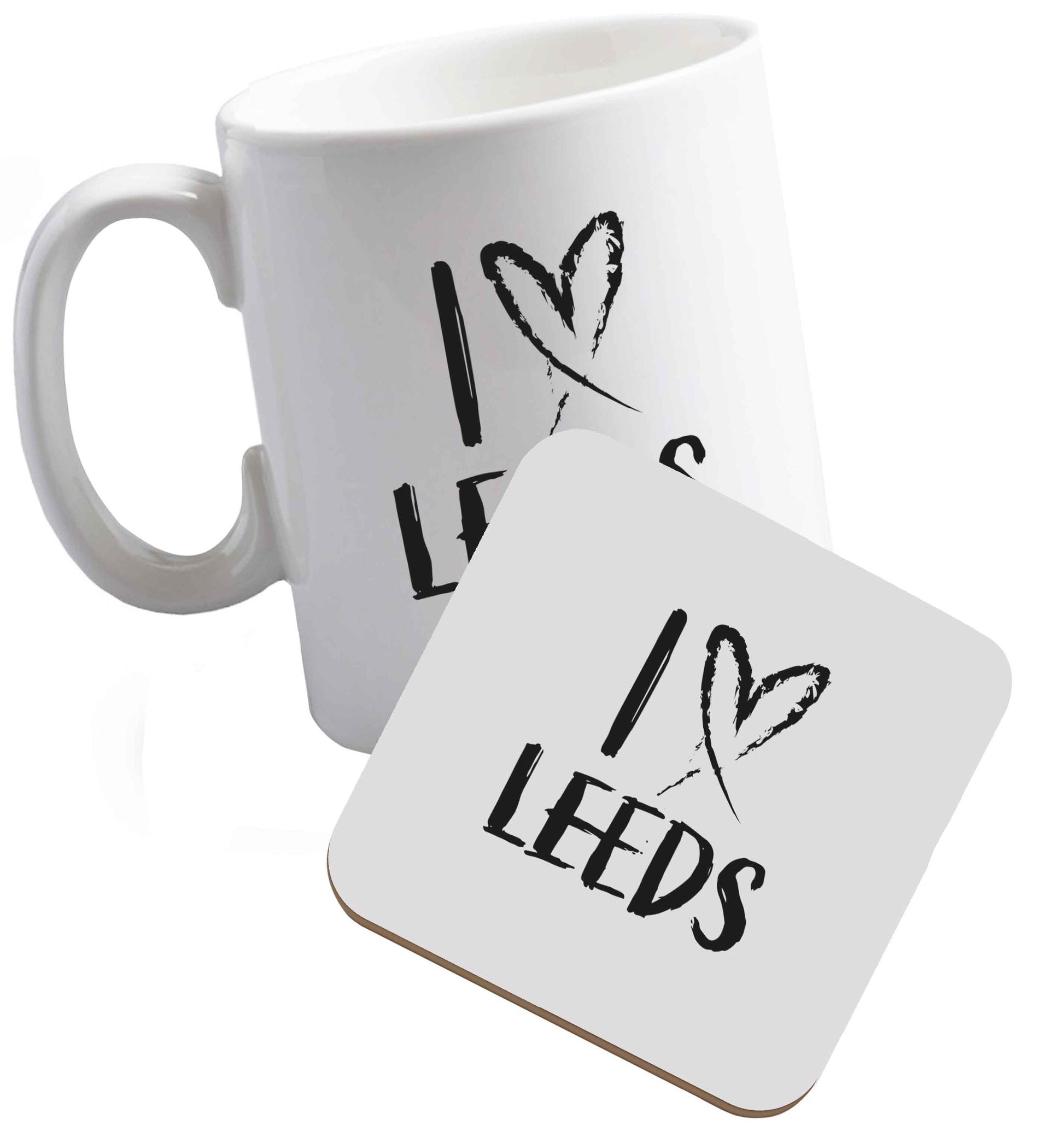 10 oz I love Leeds ceramic mug and coaster set right handed