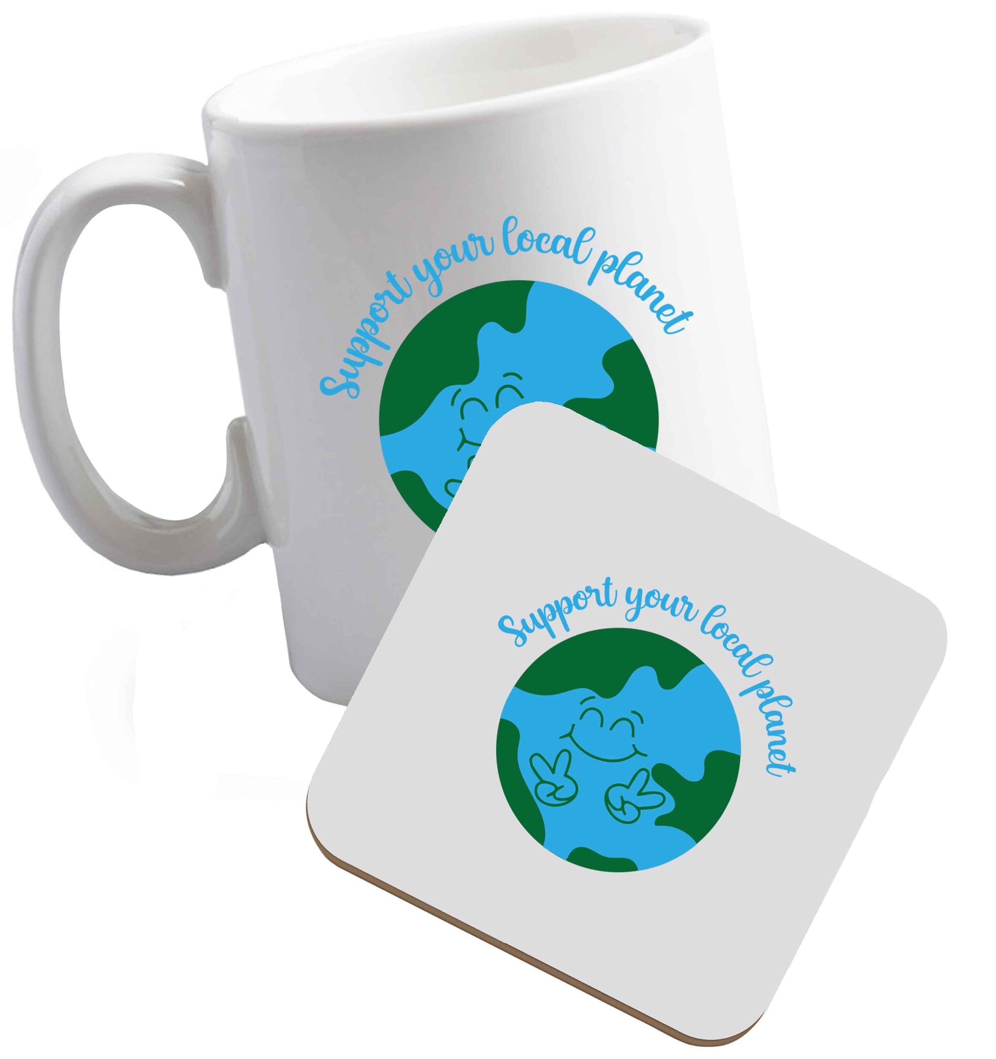 10 oz Support your local planet ceramic mug and coaster set right handed