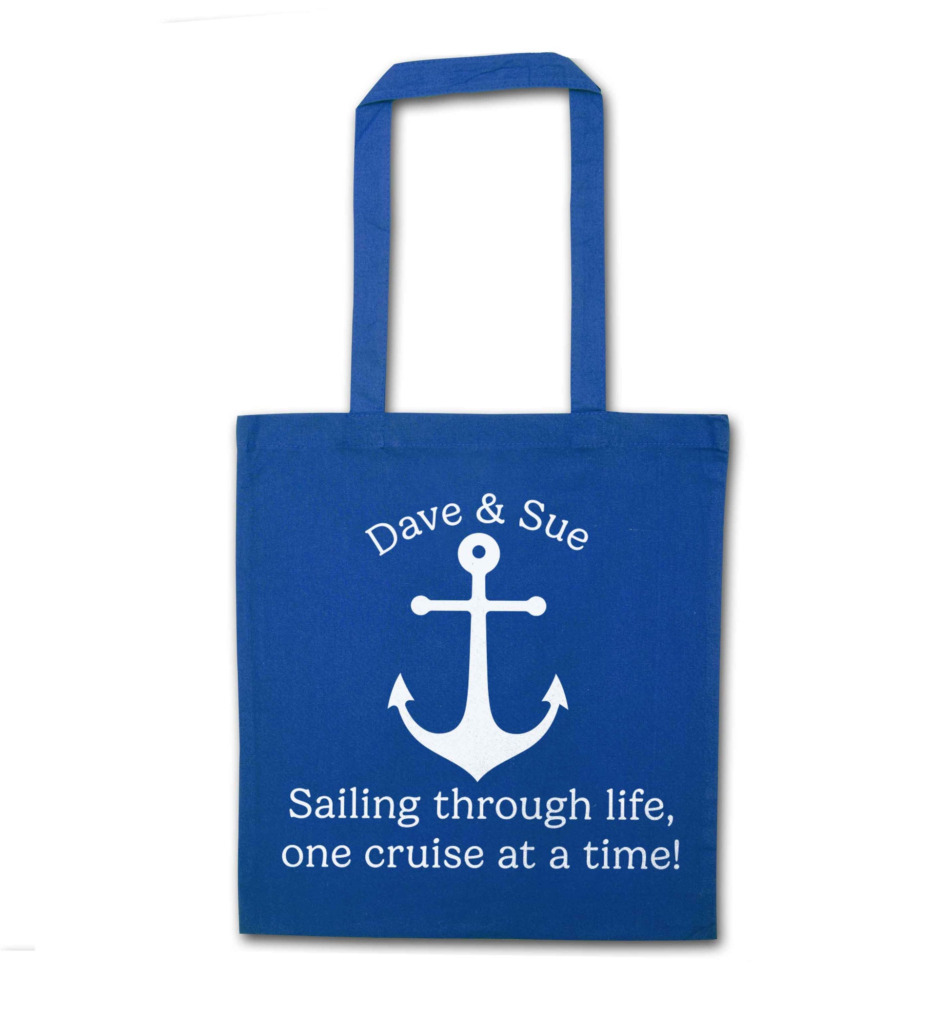 Sailing through life one cruise at a time - personalised blue tote bag