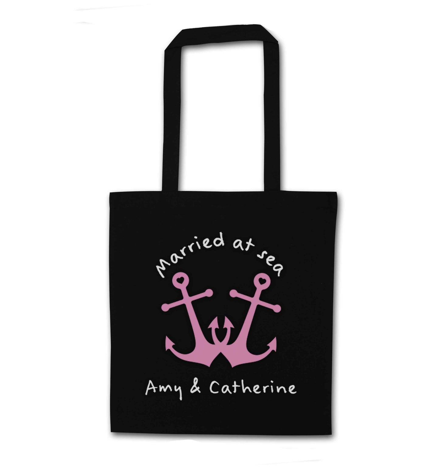 Married at sea pink anchors black tote bag