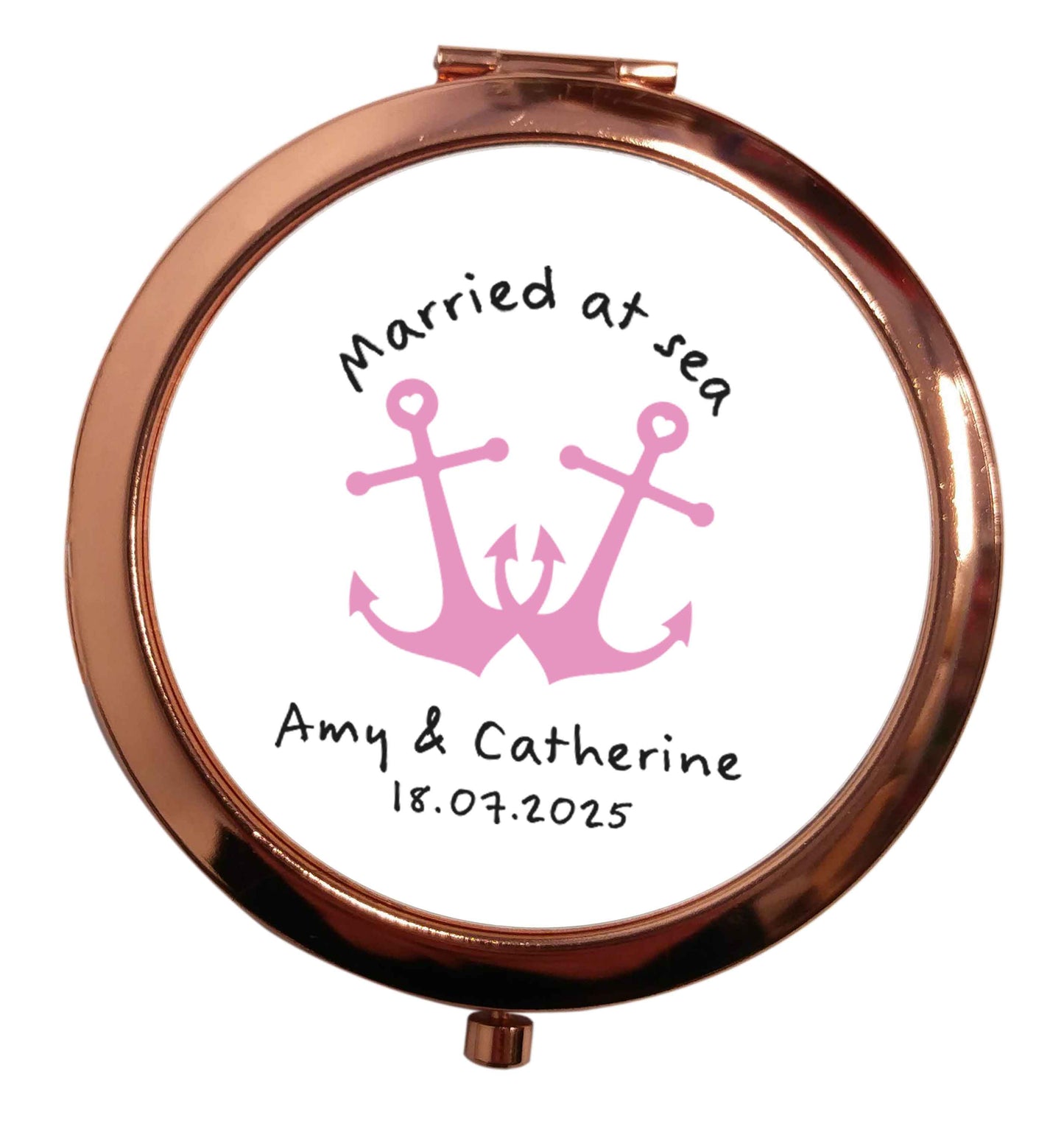 Married at sea pink anchors rose gold circle pocket mirror