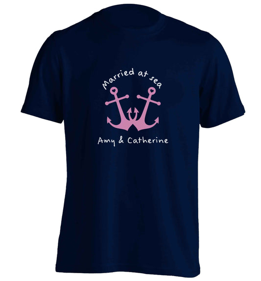Married at sea pink anchors adults unisex navy Tshirt 2XL
