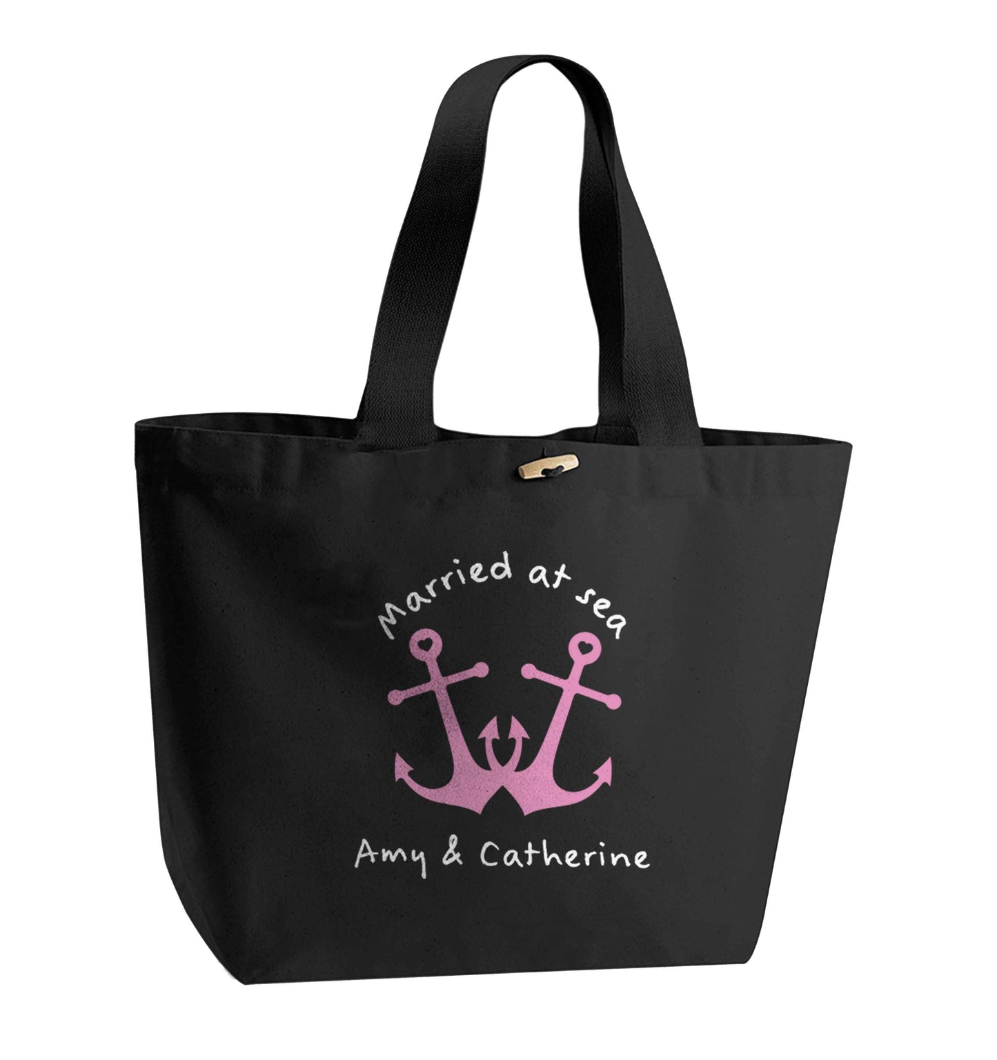 Married at sea pink anchors organic cotton premium tote bag with wooden toggle in black