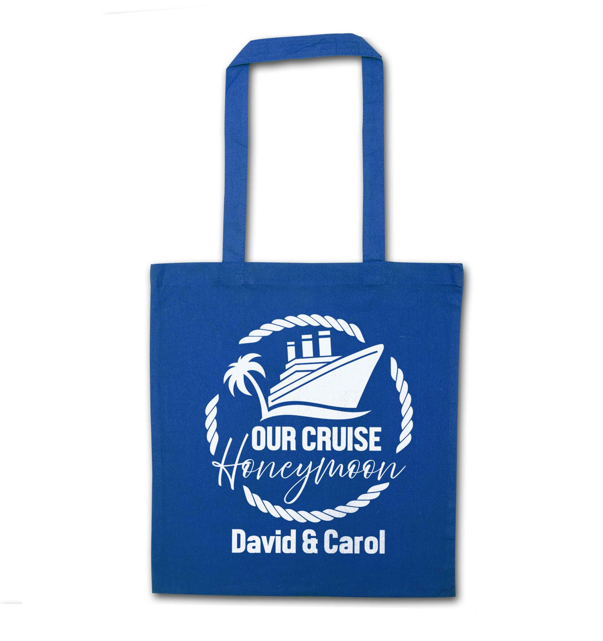 Our cruise honeymoon personalised blue tote bag