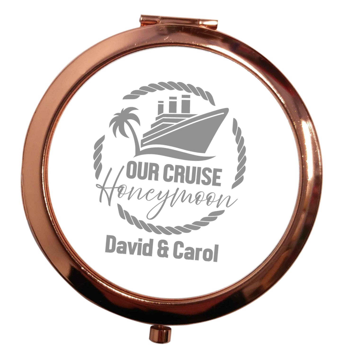 Our cruise honeymoon personalised rose gold circle pocket mirror