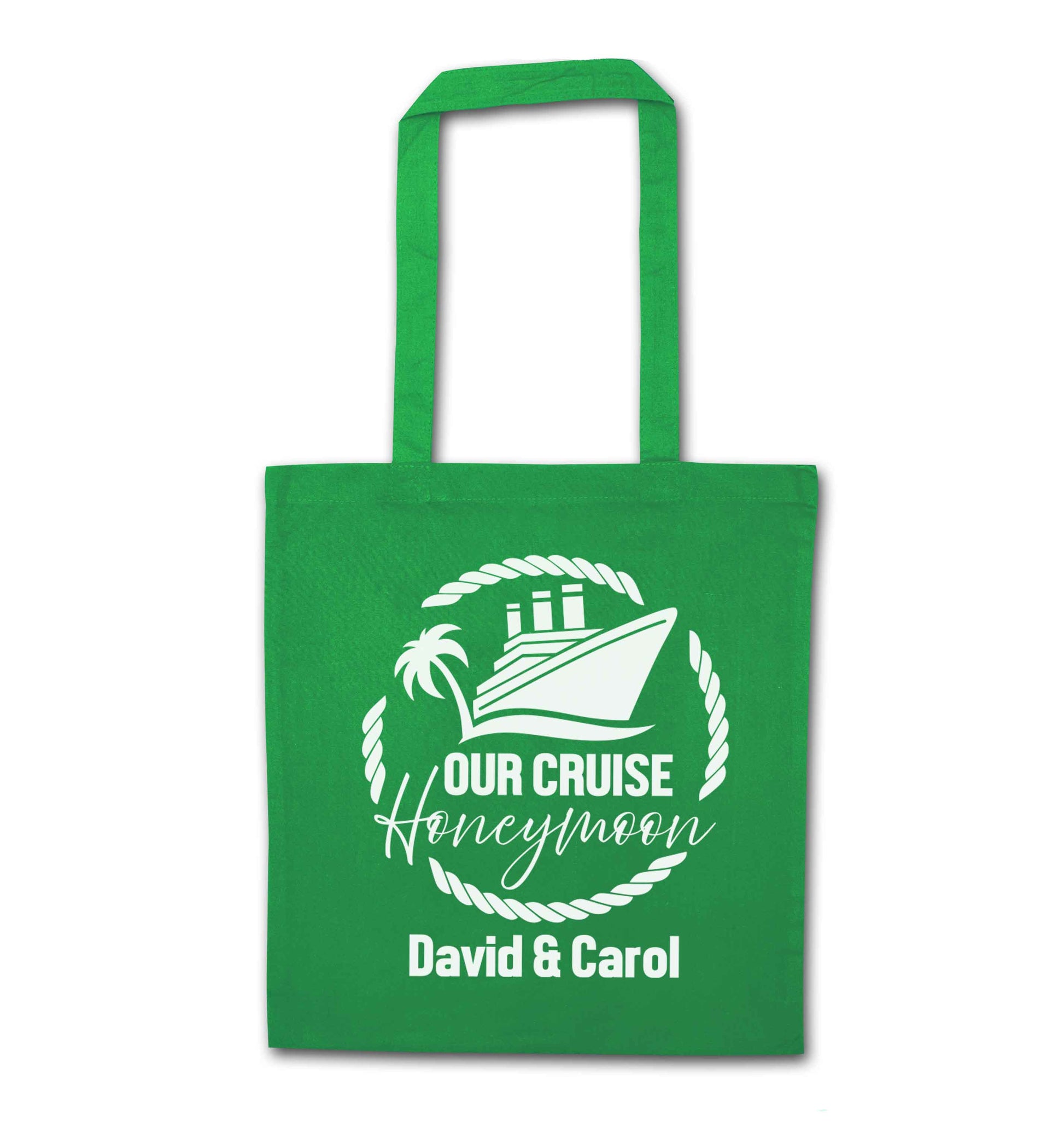 Our cruise honeymoon personalised green tote bag