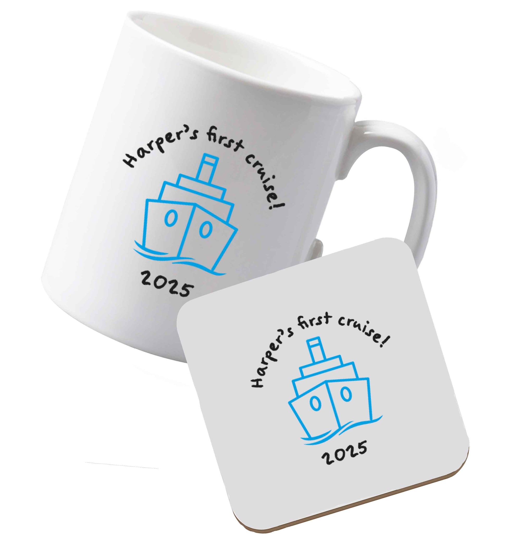 10 oz Ceramic mug and coaster Personalised first cruise both sides