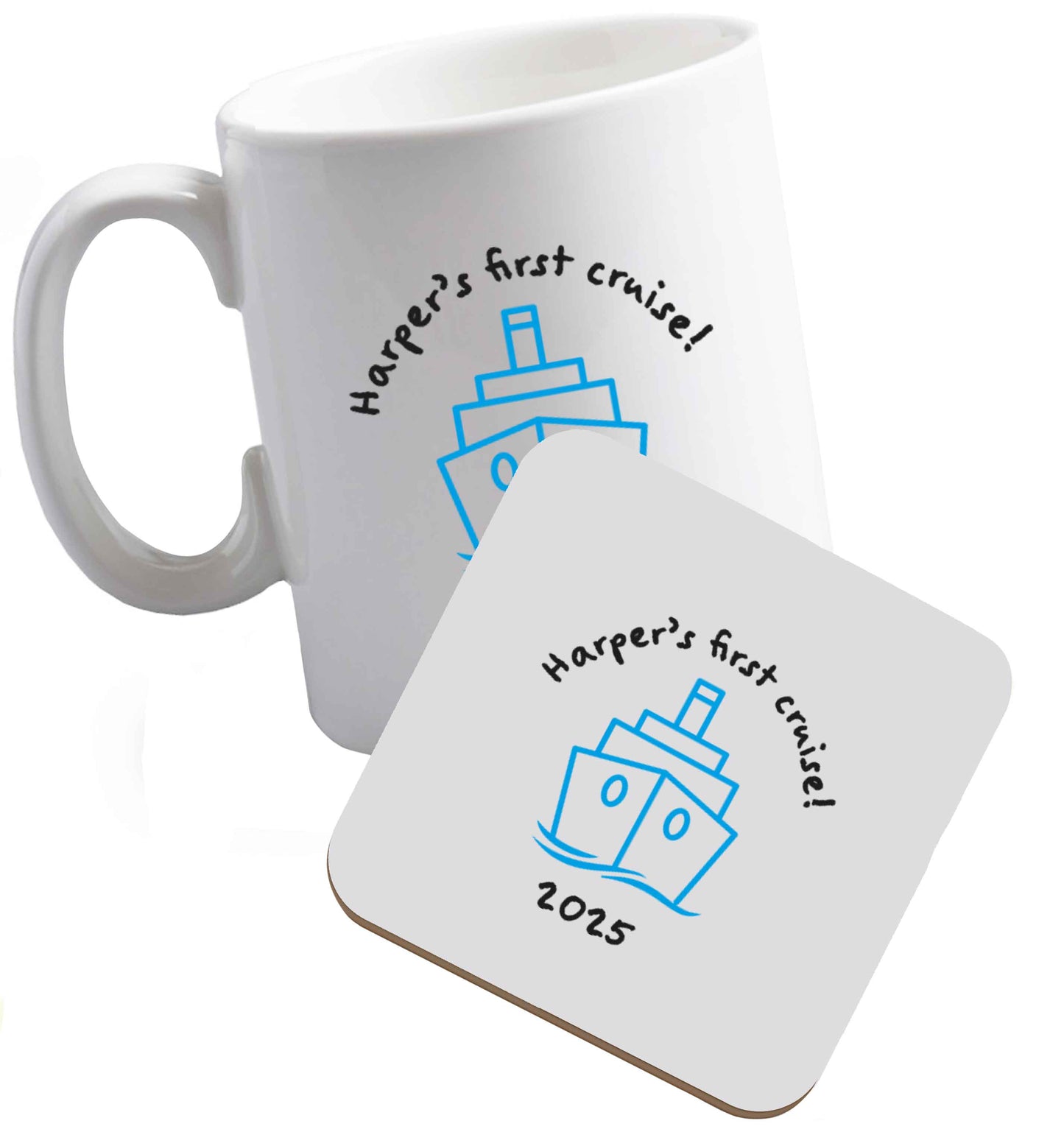 10 oz Personalised first cruise ceramic mug and coaster set right handed