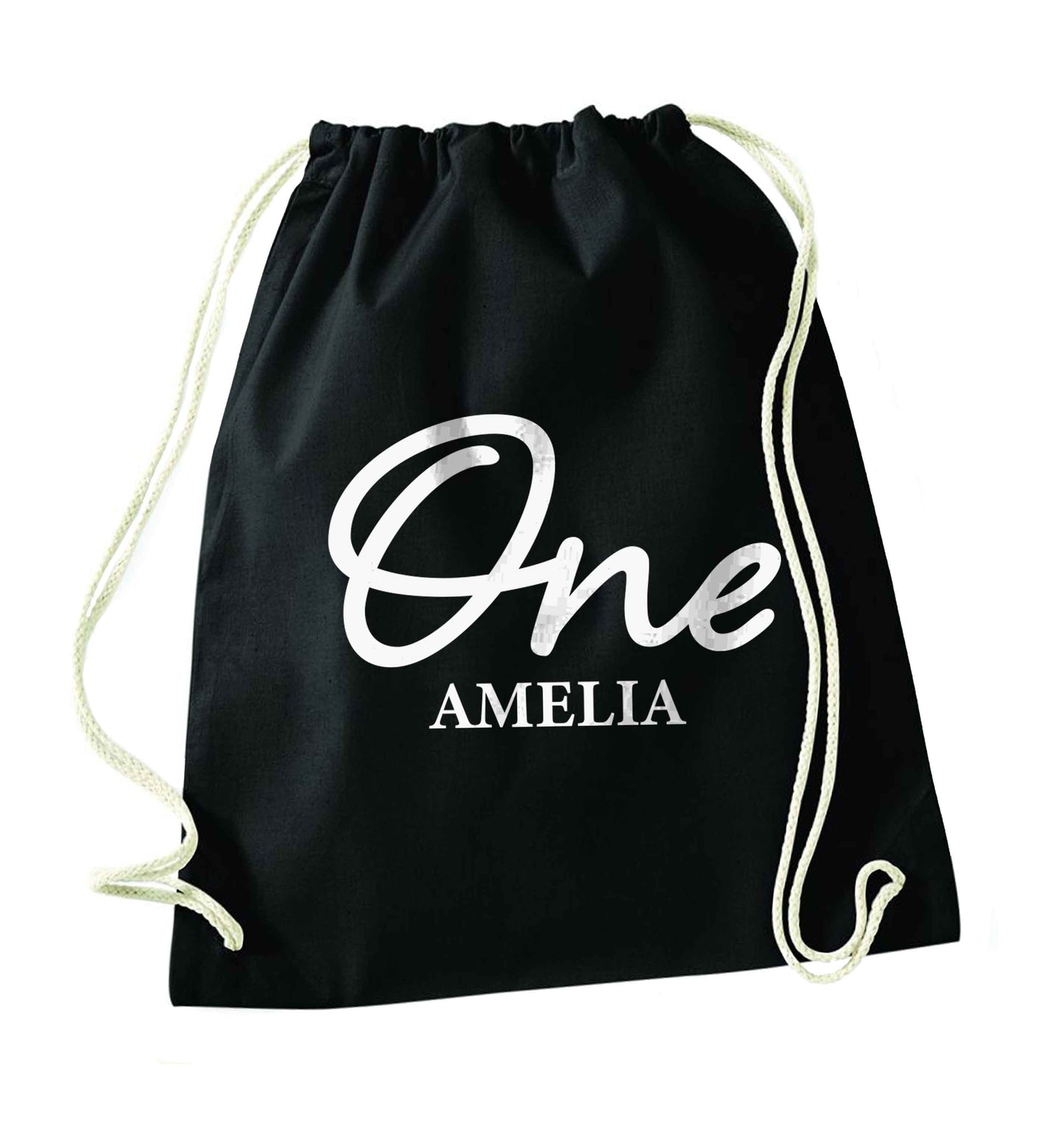 Personalised age and name black drawstring bag