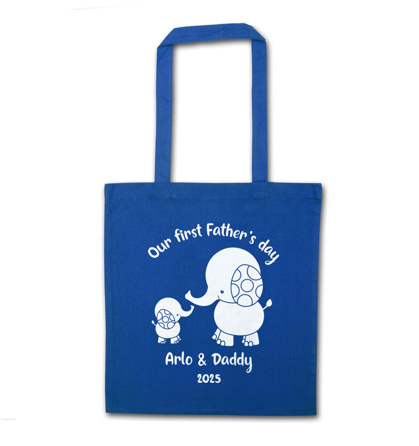Our first Father's day personalised date and names blue tote bag