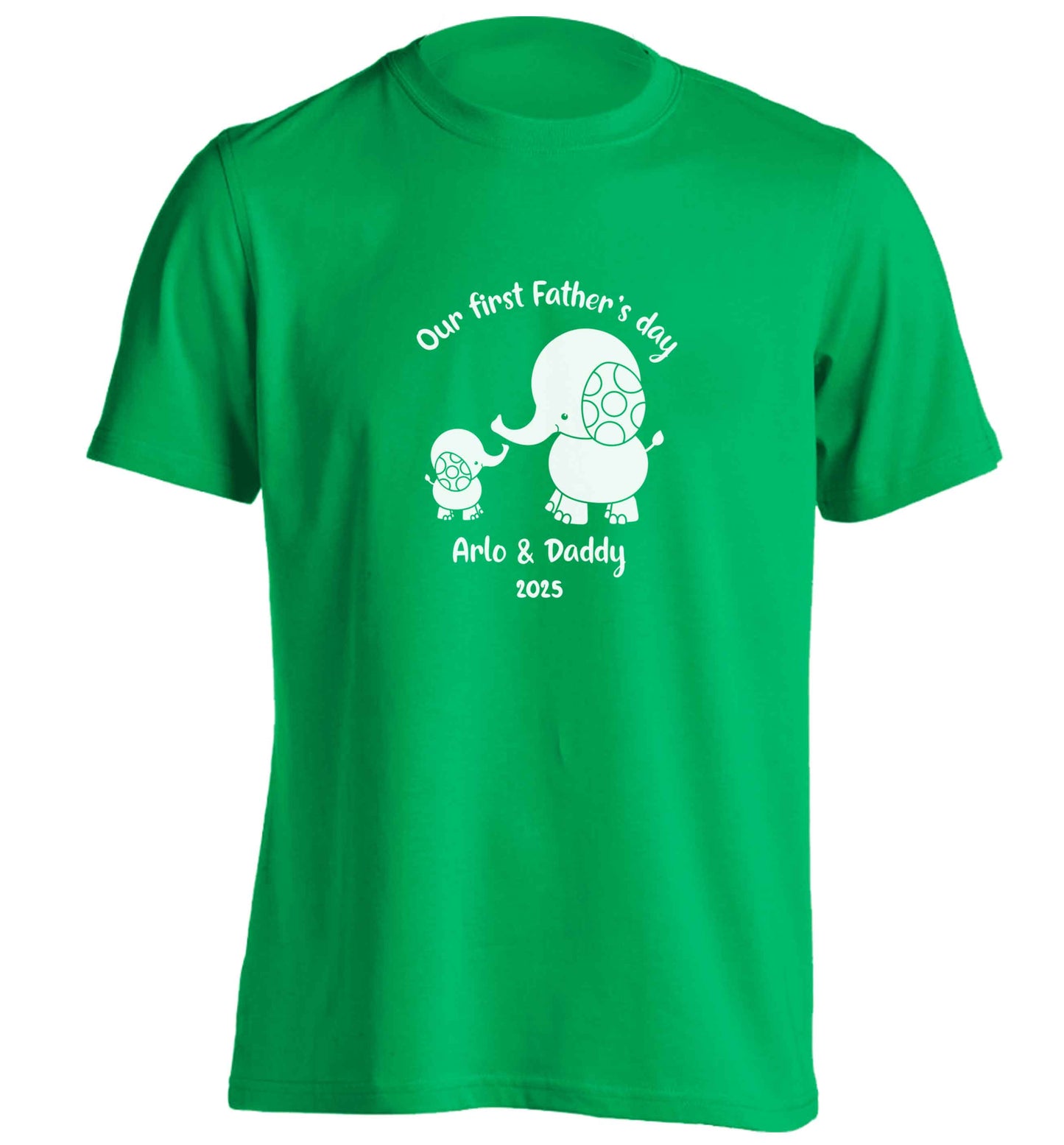 Our first Father's day personalised date and names adults unisex green Tshirt 2XL
