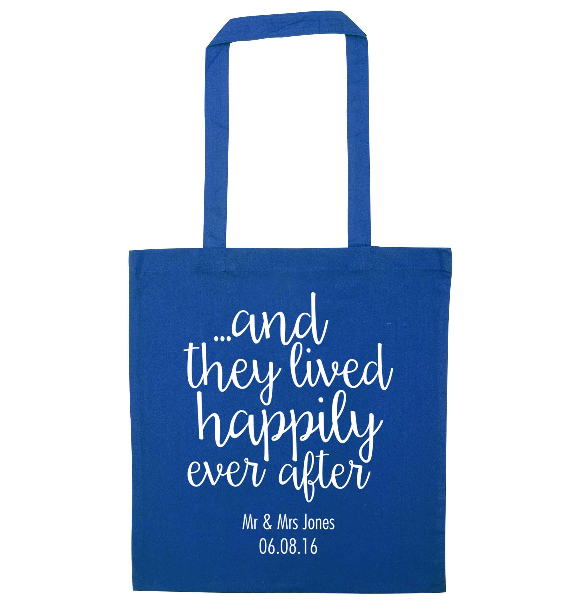 ...and they lived happily ever after - personalised date and names blue tote bag