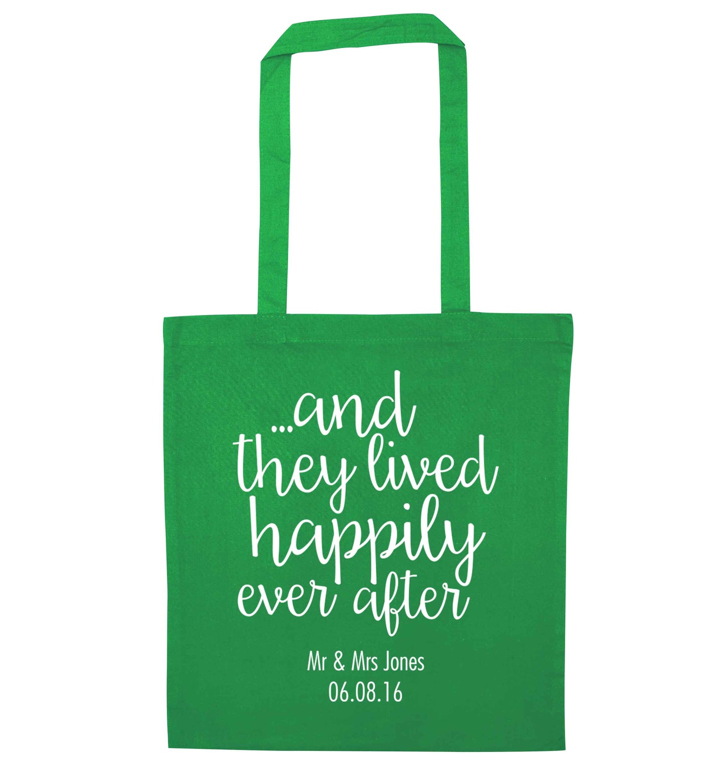 ...and they lived happily ever after - personalised date and names green tote bag