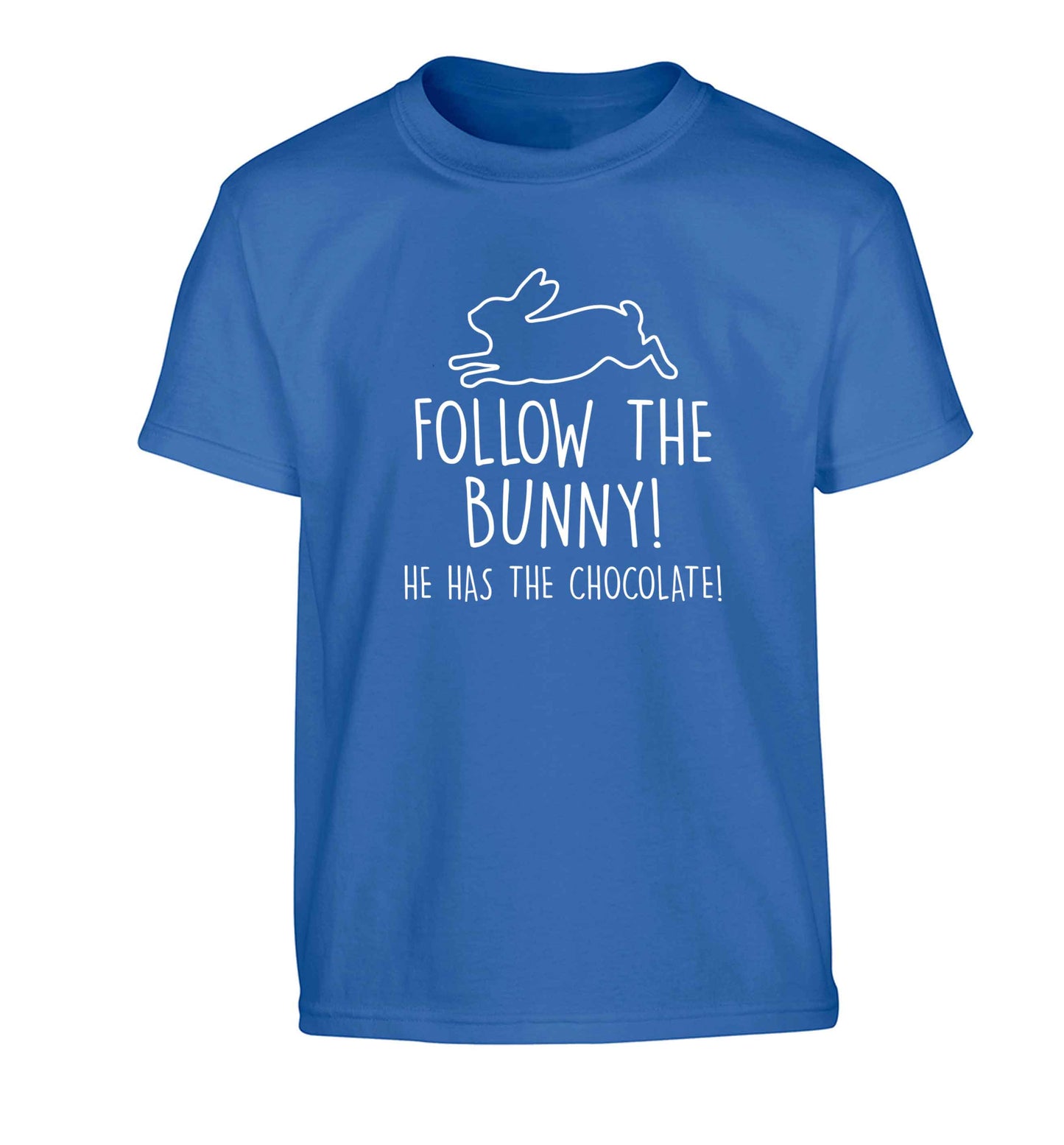 Follow the bunny! He has the chocolate Children's blue Tshirt 12-13 Years