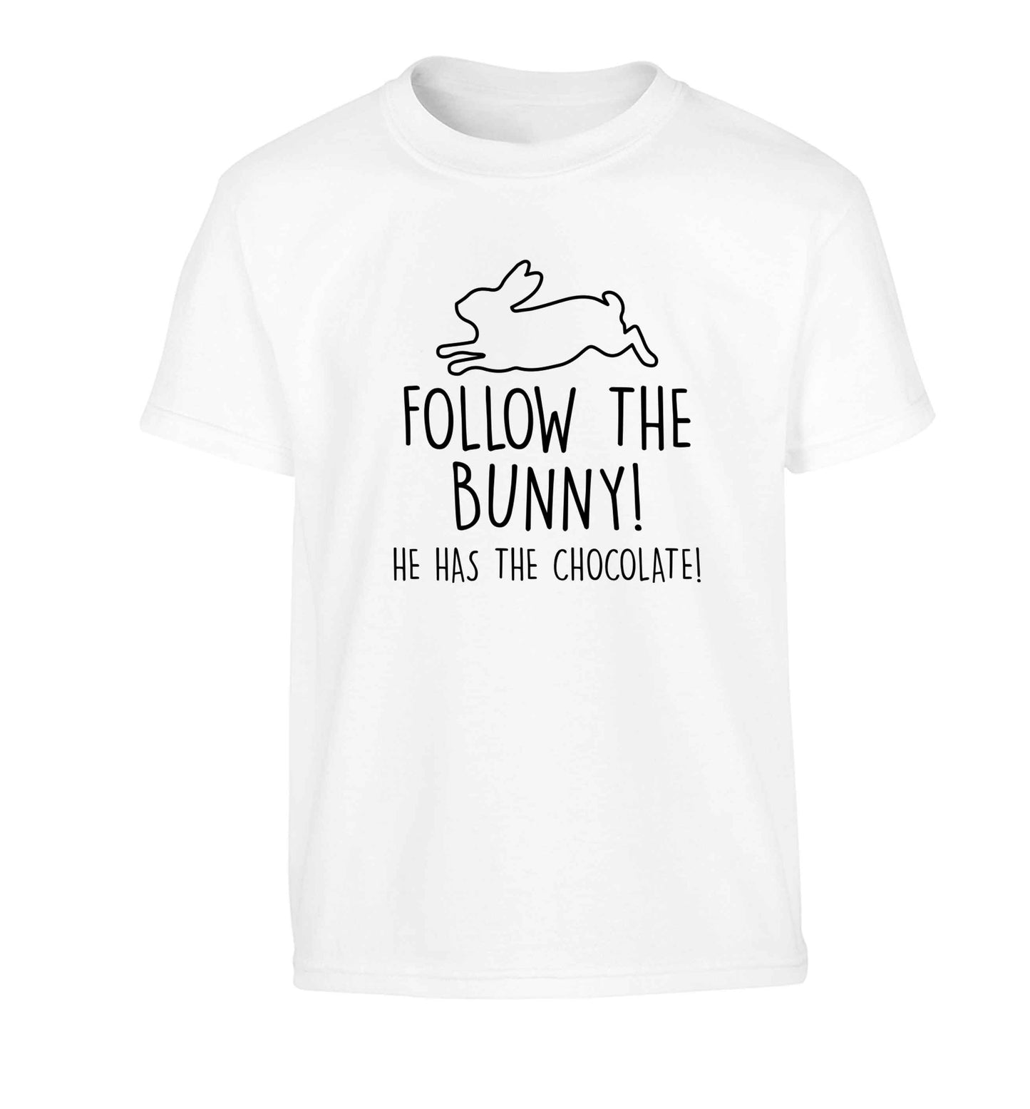 Follow the bunny! He has the chocolate Children's white Tshirt 12-13 Years