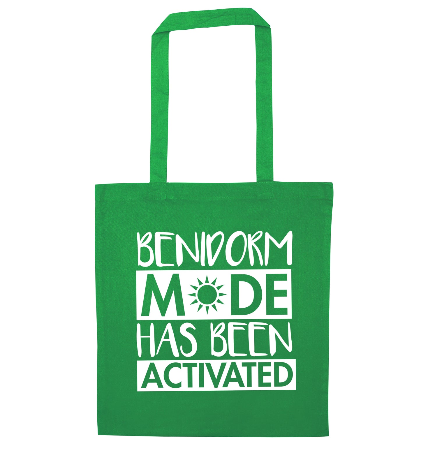 Benidorm mode has been activated green tote bag