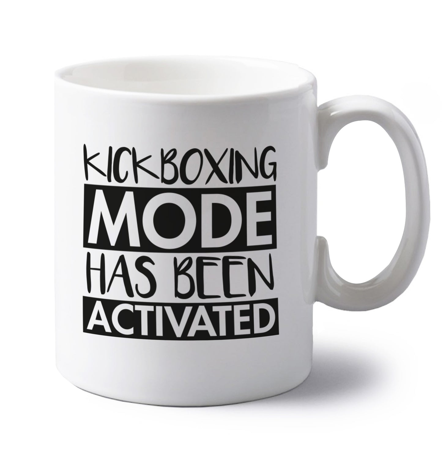 Kickboxing mode activated left handed white ceramic mug