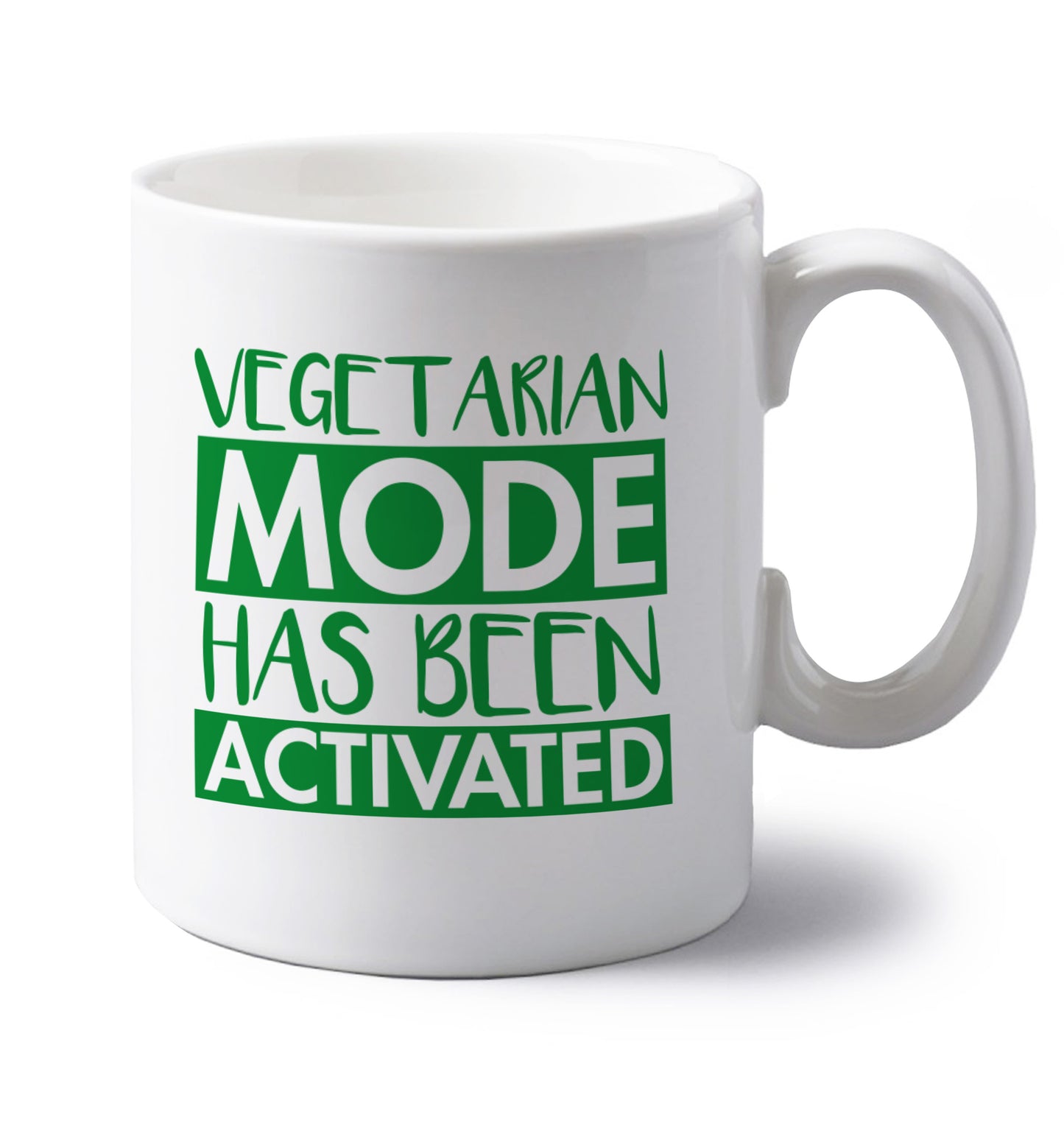 Vegetarian mode activated left handed white ceramic mug