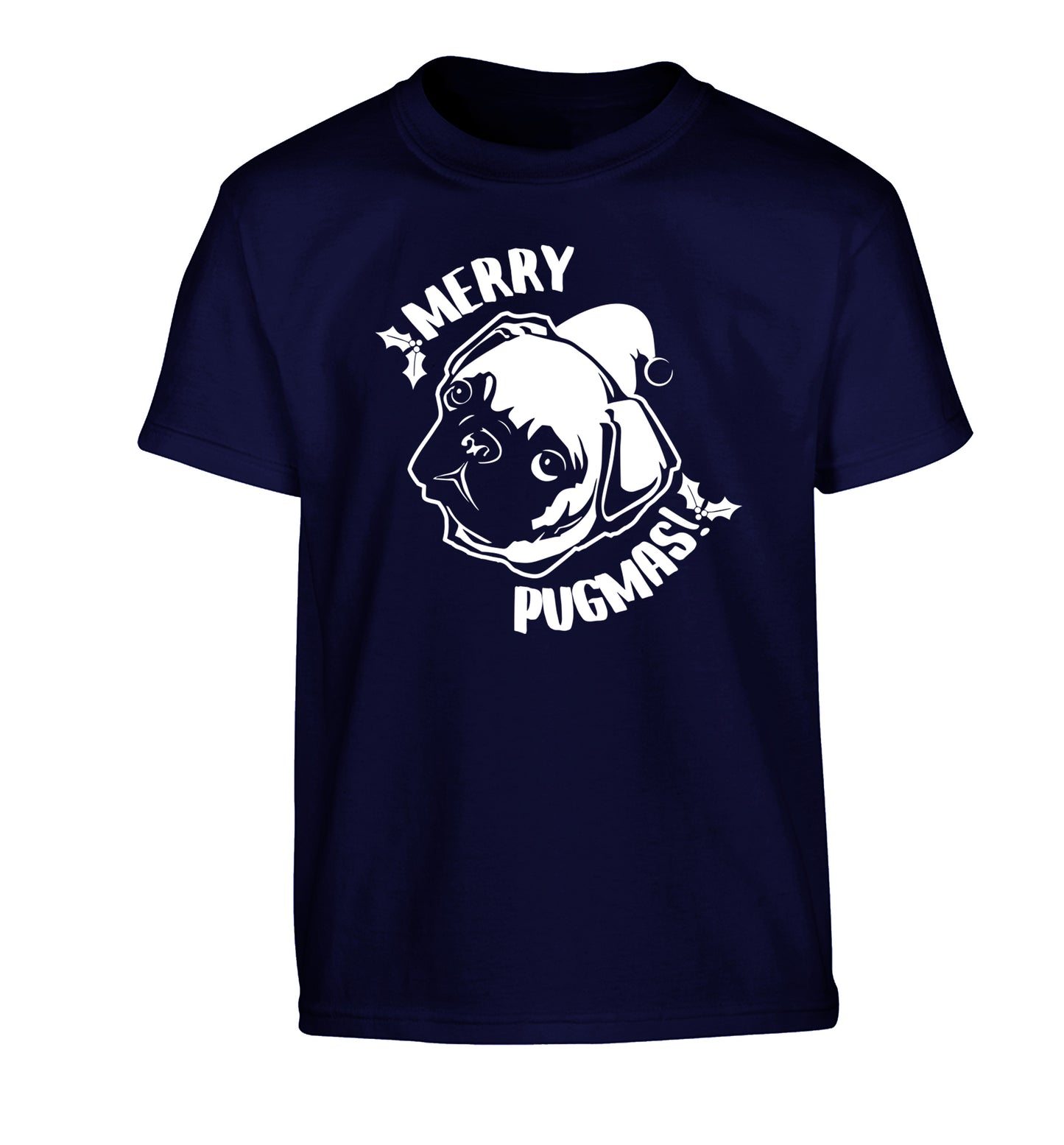 Merry Pugmas Children's navy Tshirt 12-14 Years