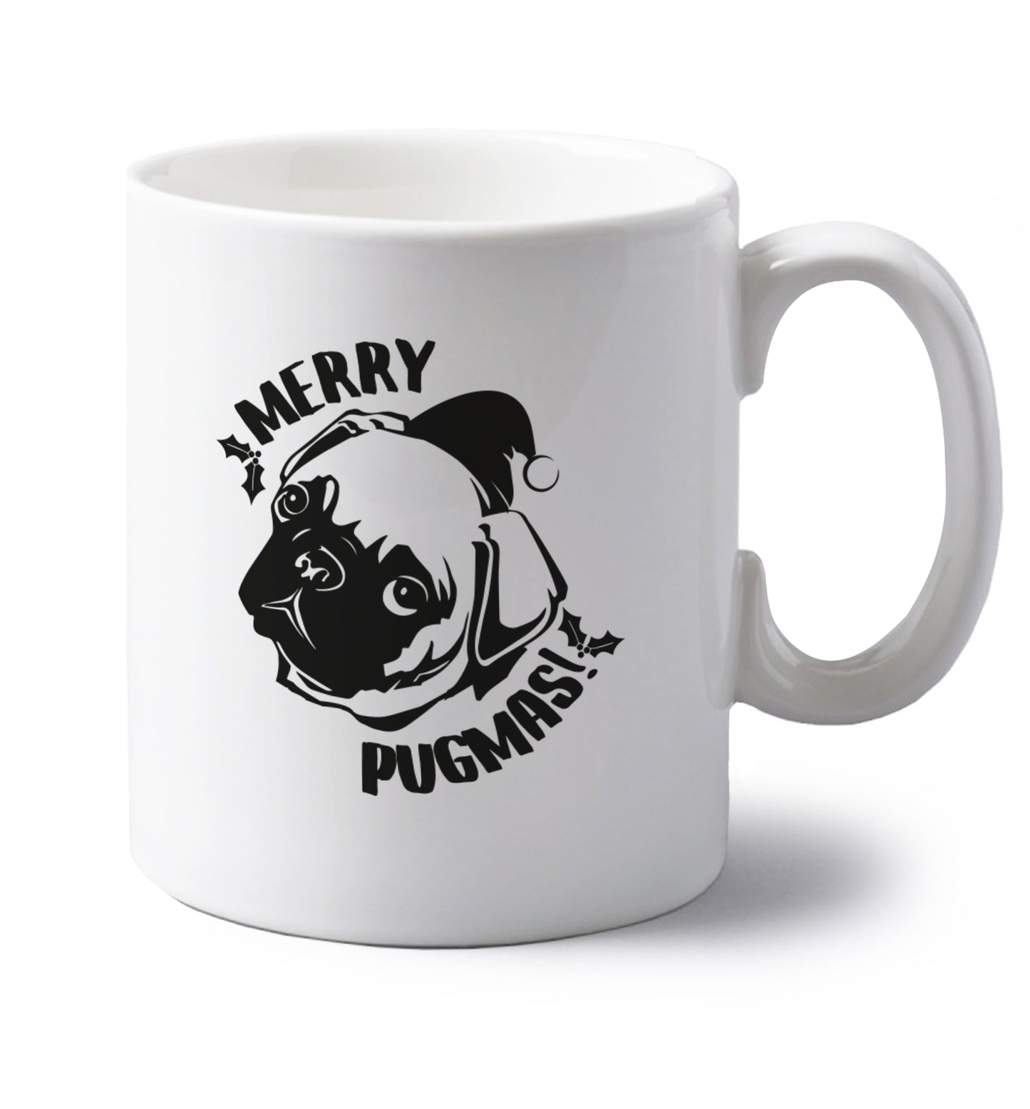 Merry Pugmas left handed white ceramic mug