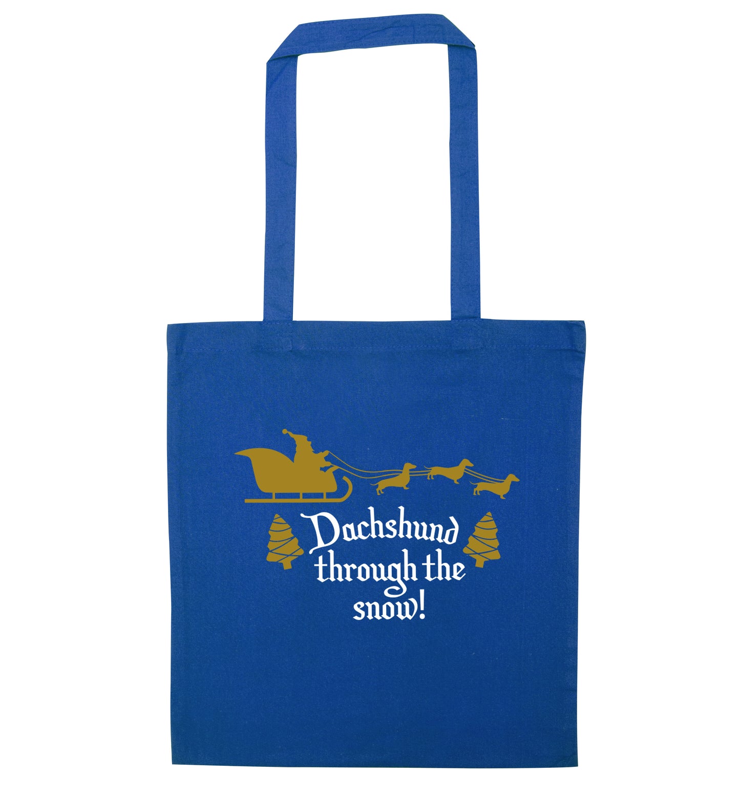 Dachshund through the snow blue tote bag