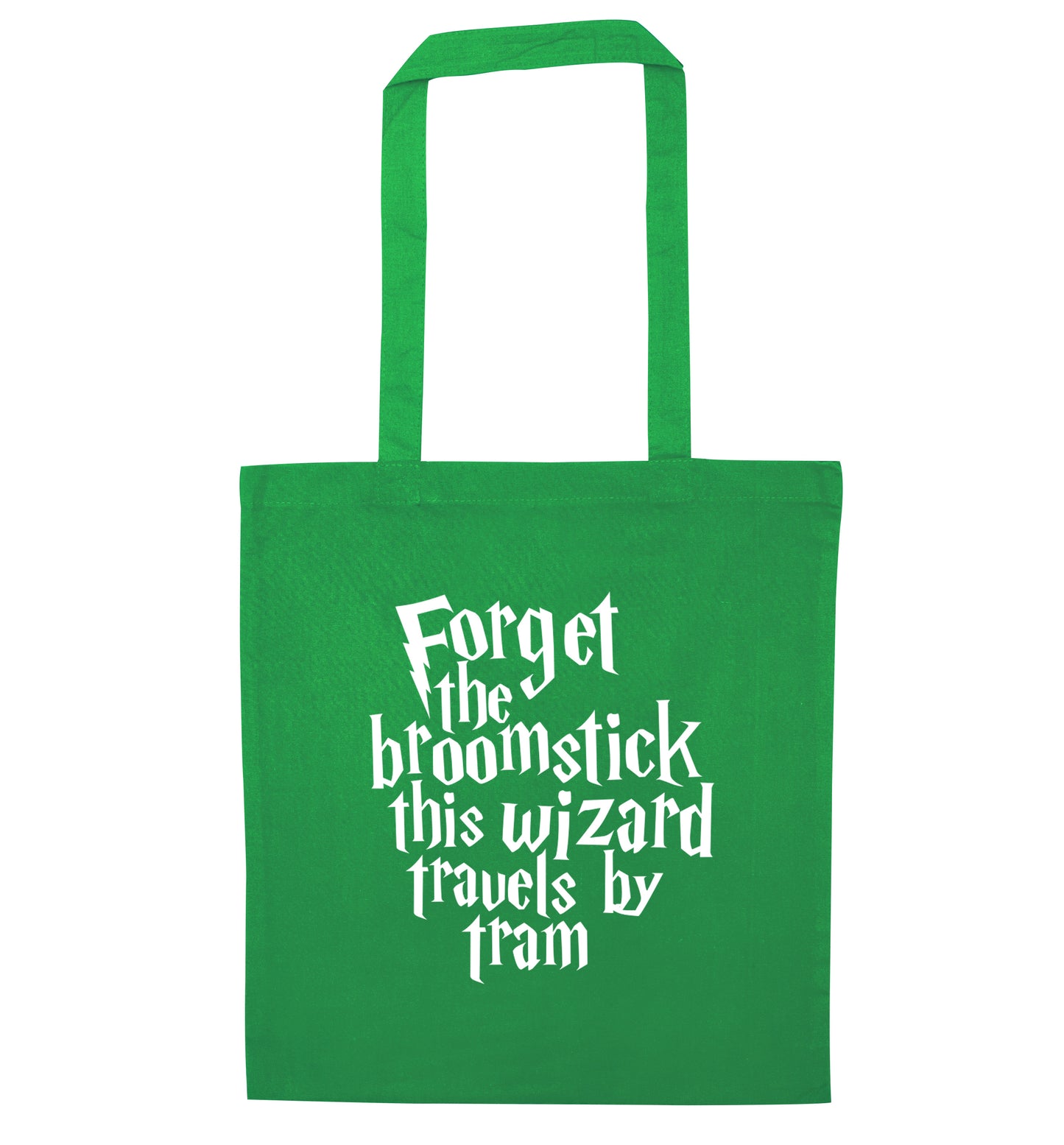 Forget the broomstick this wizard travels by tram green tote bag