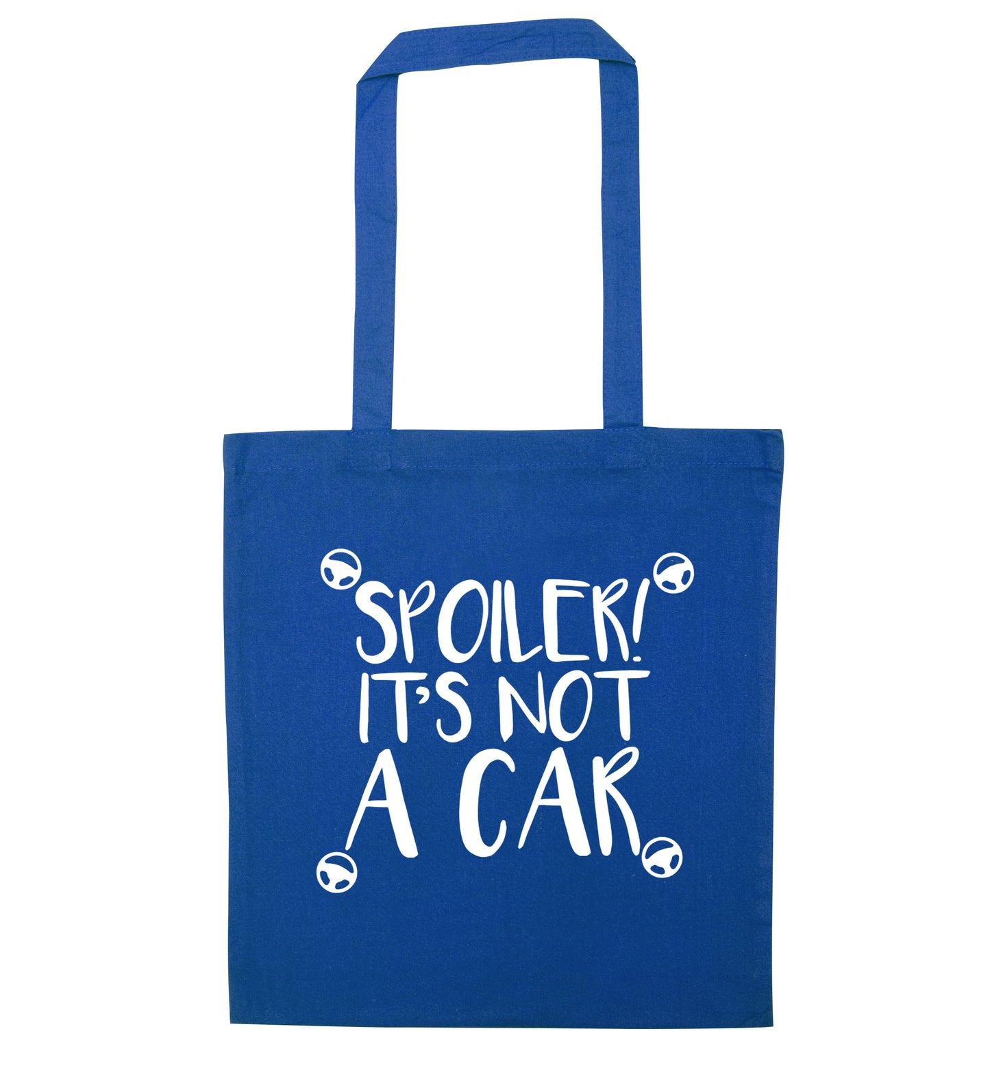 Spoiler it's not a car blue tote bag