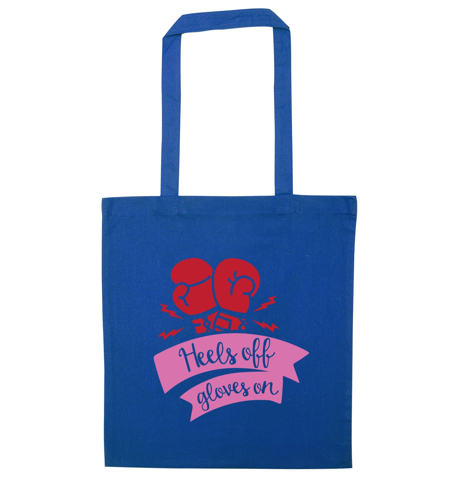 Heels off gloves on blue tote bag