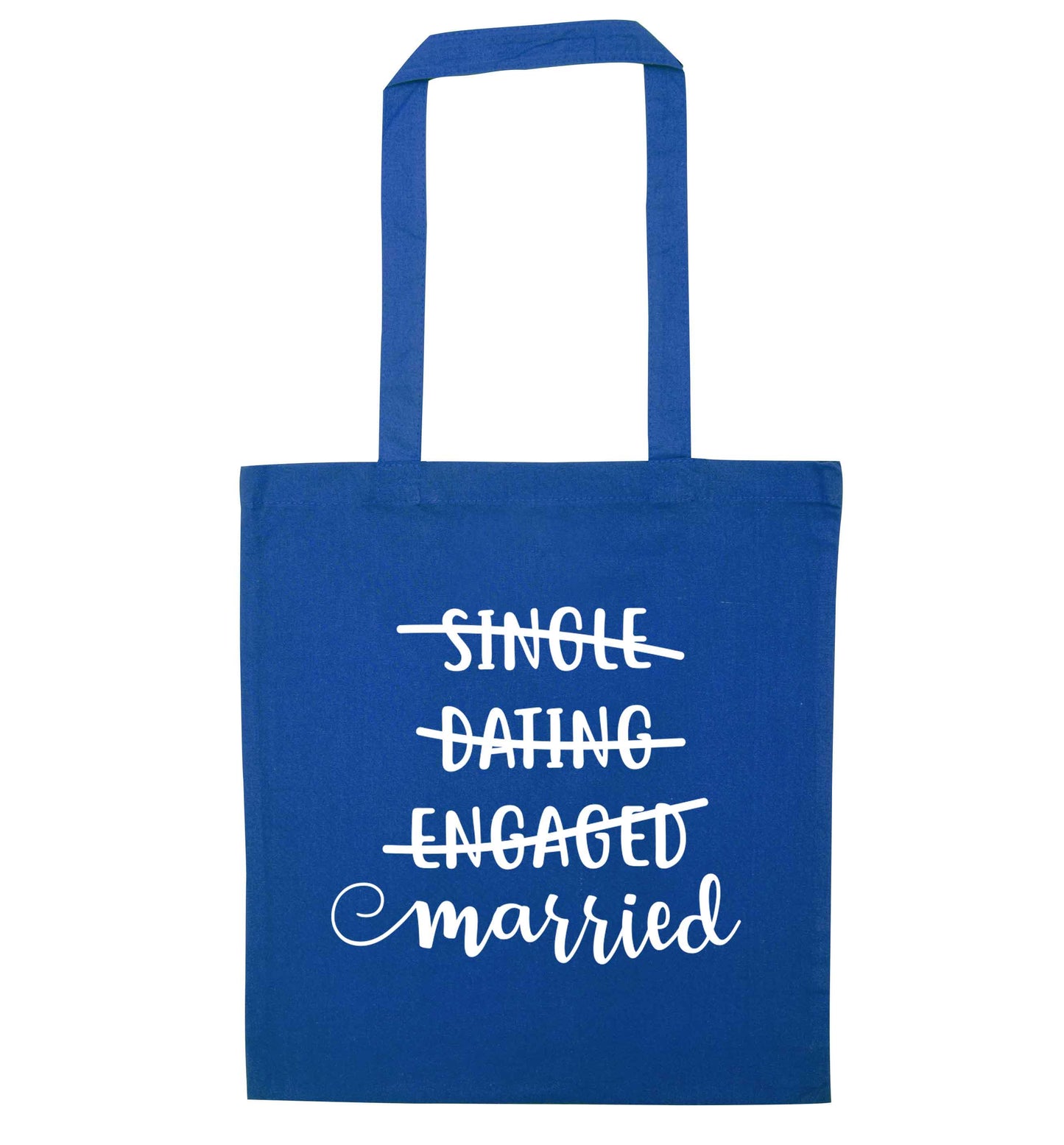 Single, dating, engaged, married blue tote bag