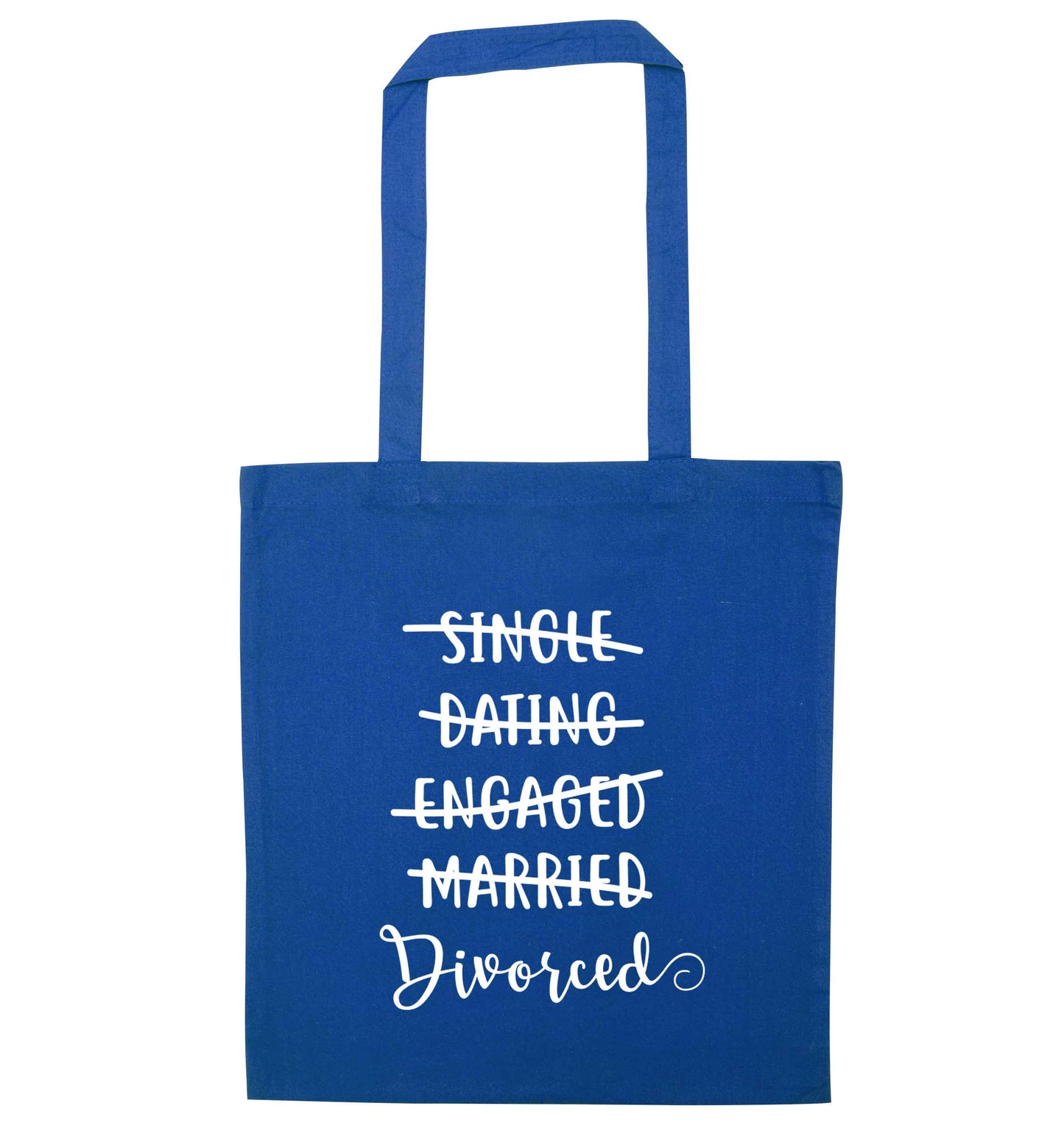 Single, dating, engaged, divorced blue tote bag