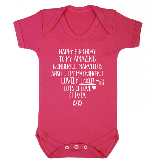 Personalised happy birthday to my amazing, wonderful, lovely uncle Baby Vest dark pink 18-24 months