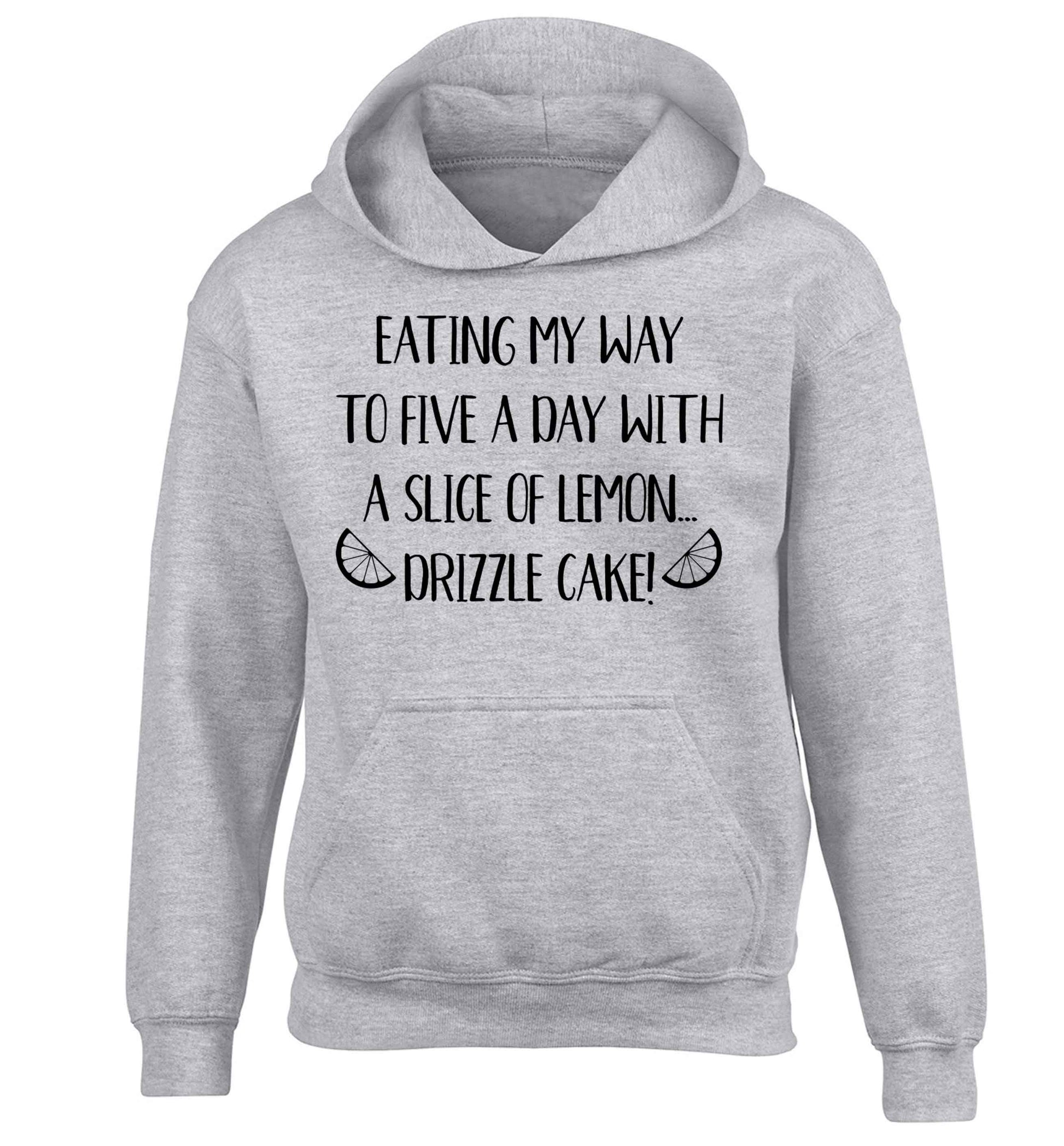 Eating my way to five a day with a slice of lemon drizzle cake day children's grey hoodie 12-13 Years