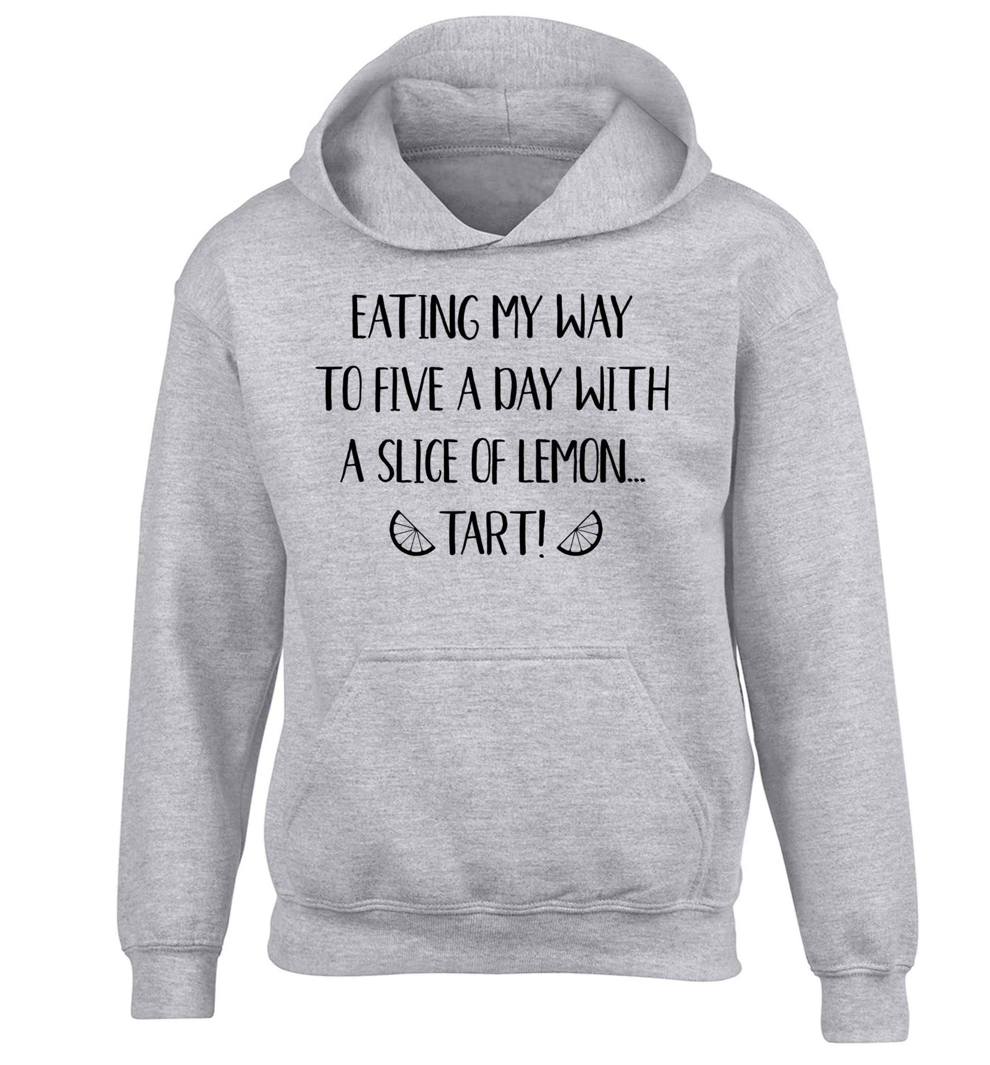Eating my way to five a day with a slice of lemon tart children's grey hoodie 12-13 Years