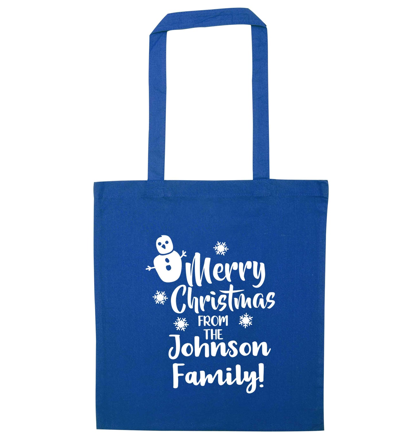 Personalised Merry Christmas from the family blue tote bag