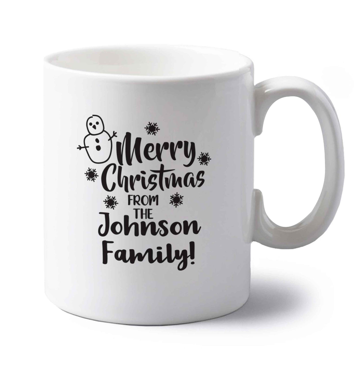 Personalised Merry Christmas from the family left handed white ceramic mug