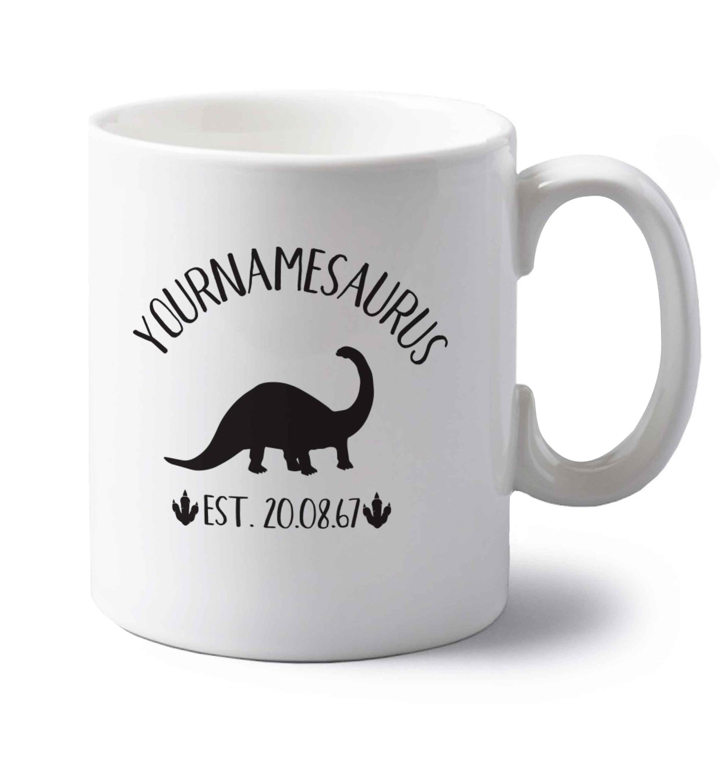 Personalised (your name) dinosaur birthday left handed white ceramic mug 