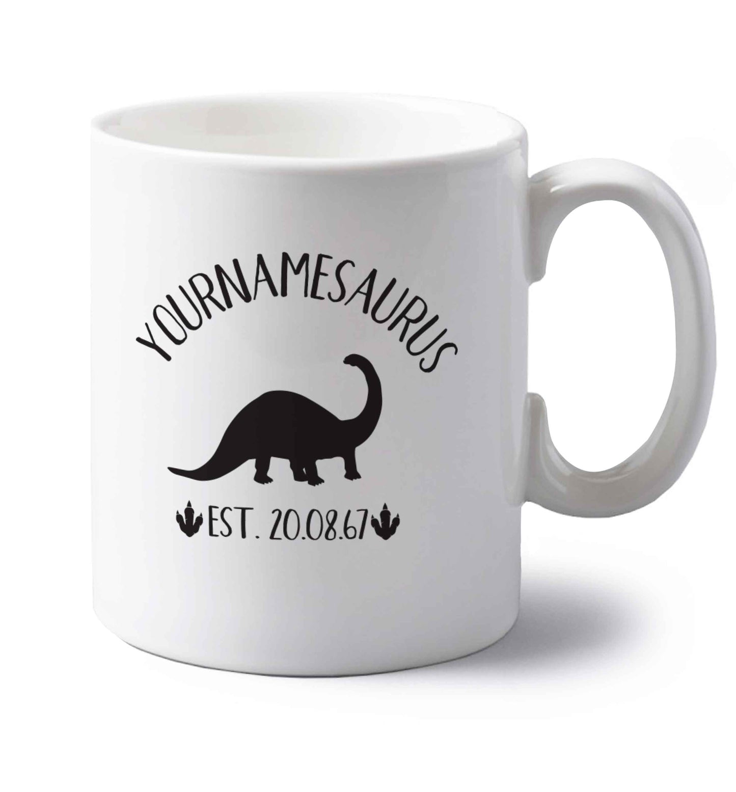 Personalised (your name) dinosaur birthday left handed white ceramic mug