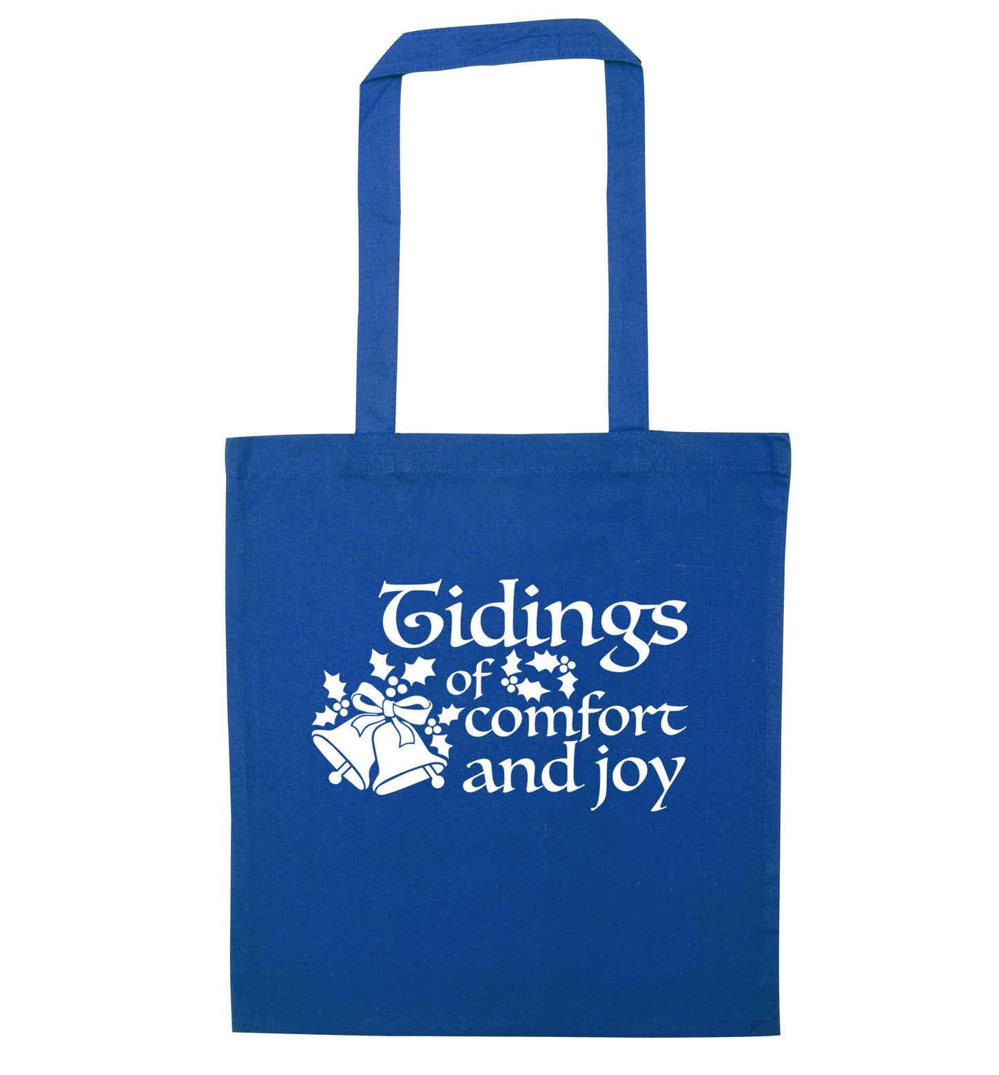 Tidings of comfort and joy blue tote bag