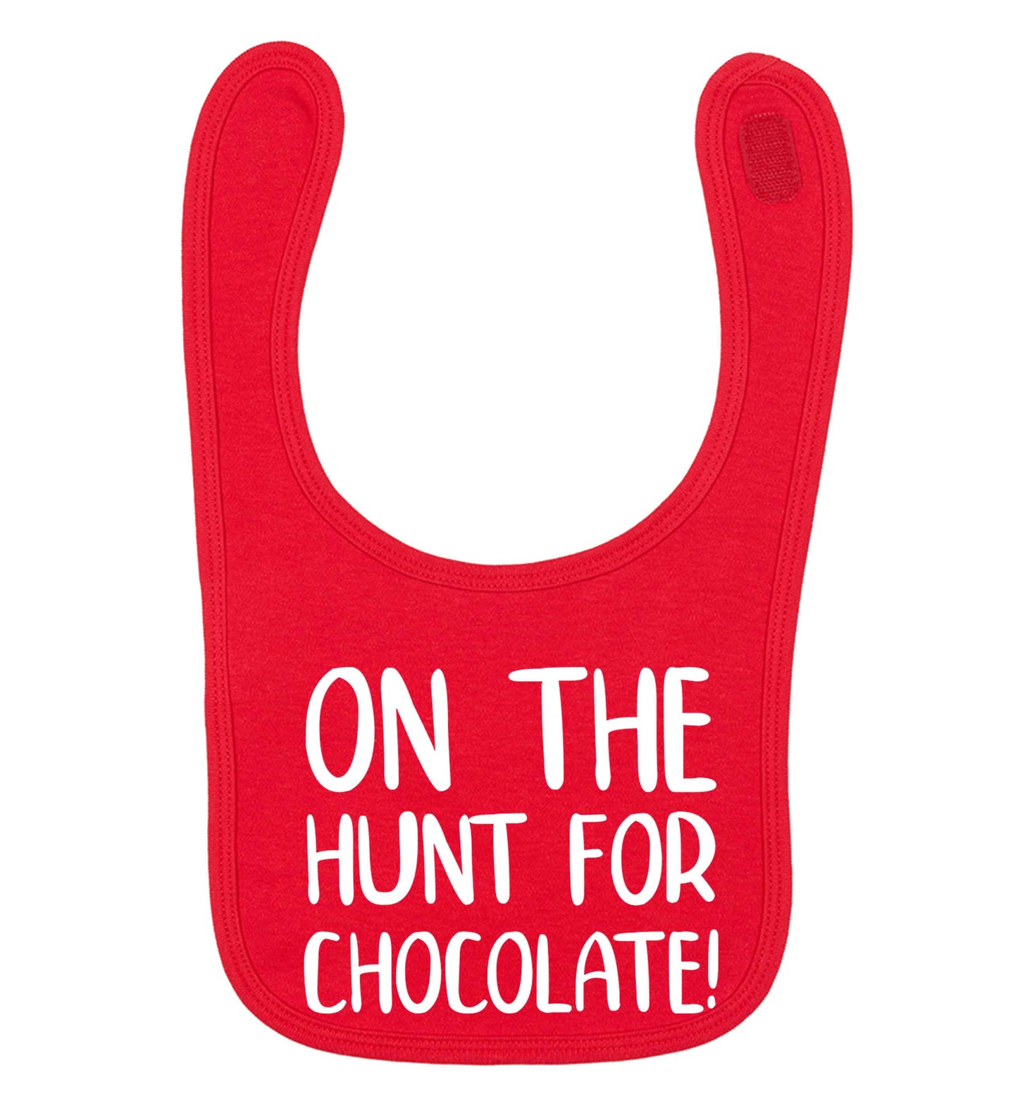 On the hunt for chocolate! red baby bib