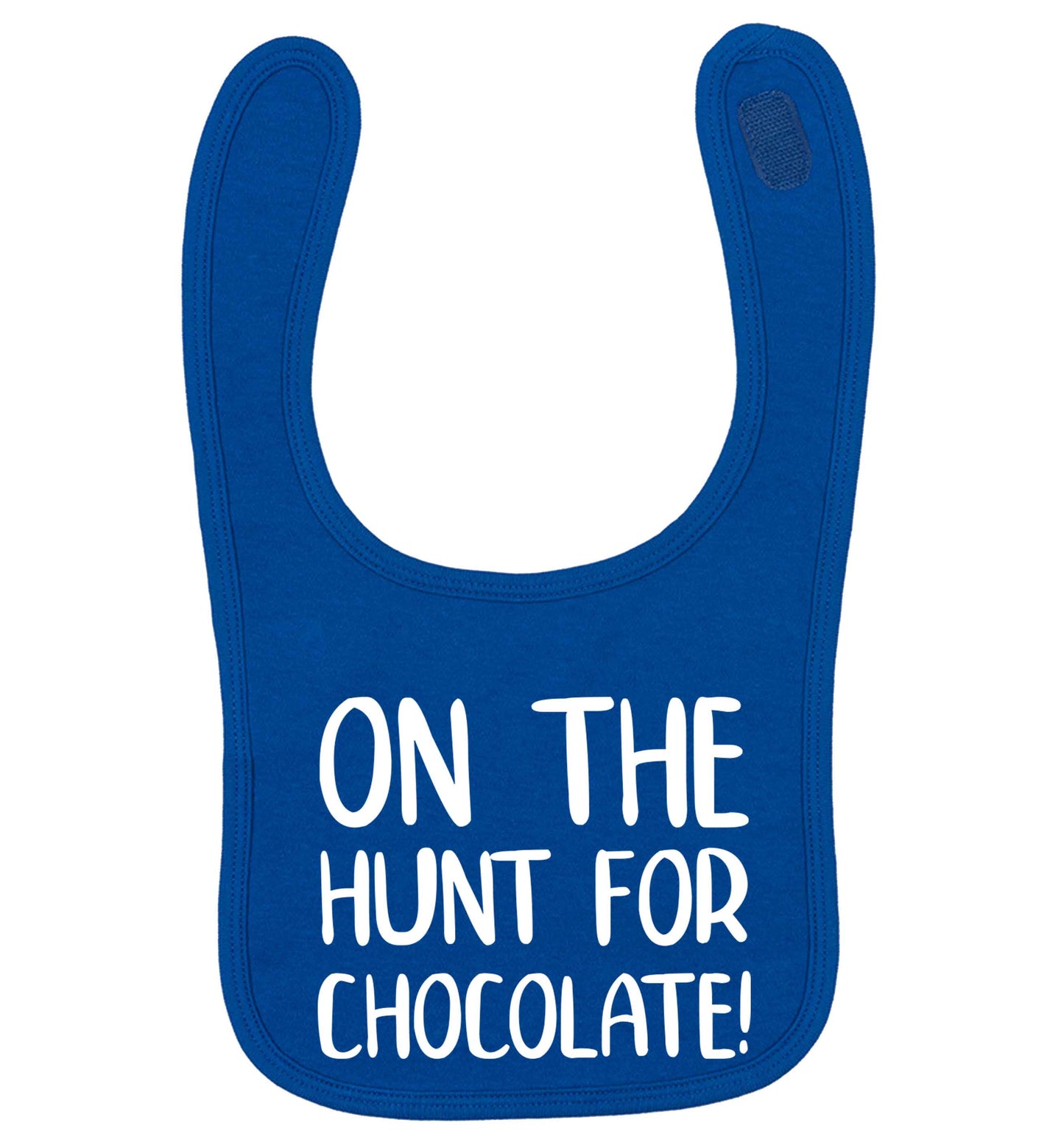 On the hunt for chocolate! royal blue baby bib