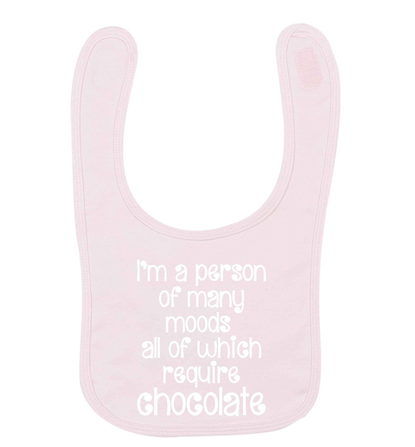 funny gift for a chocaholic! I'm a person of many moods all of which require chocolate pale pink baby bib
