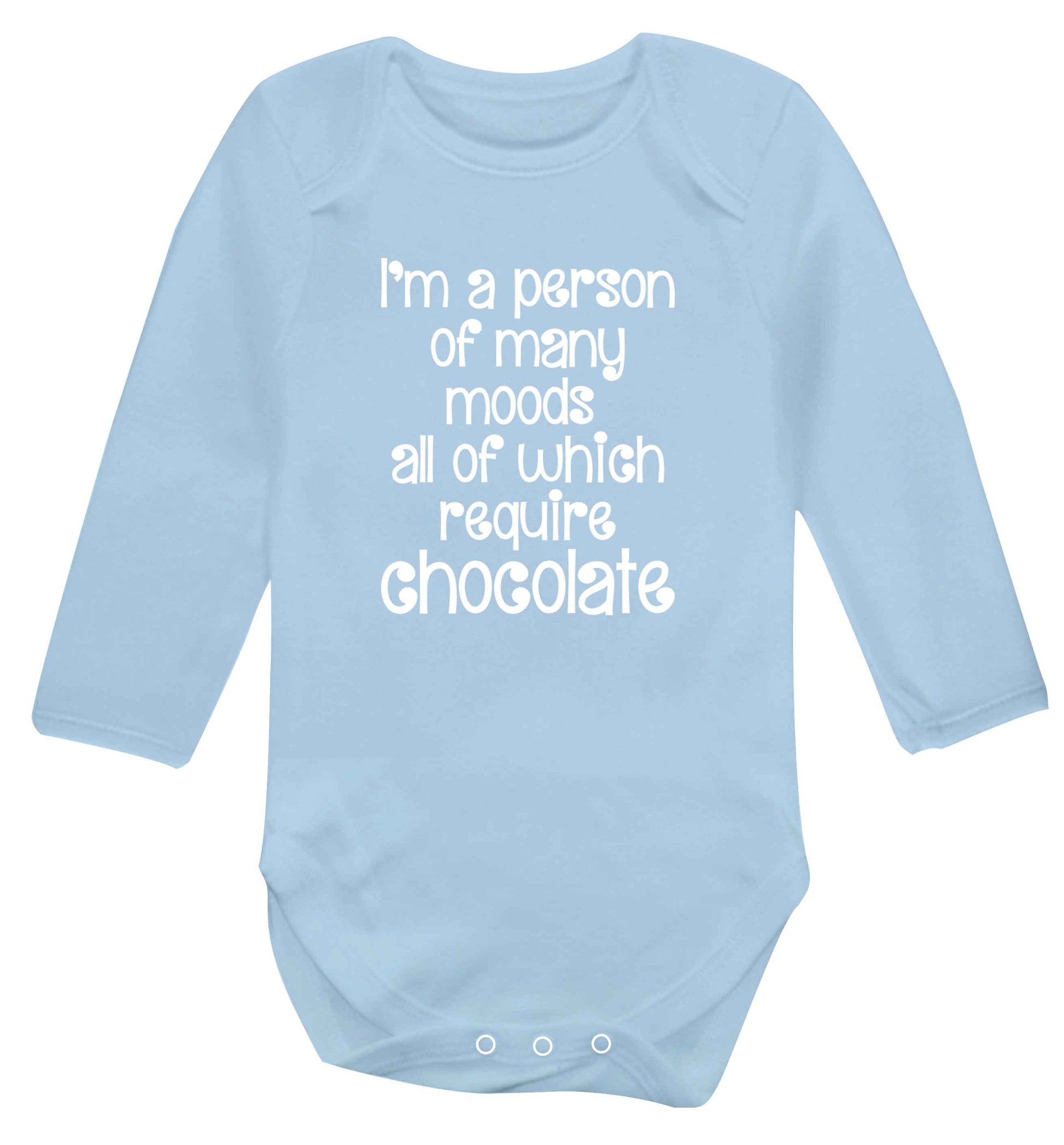 funny gift for a chocaholic! I'm a person of many moods all of which require chocolate baby vest long sleeved pale blue 6-12 months