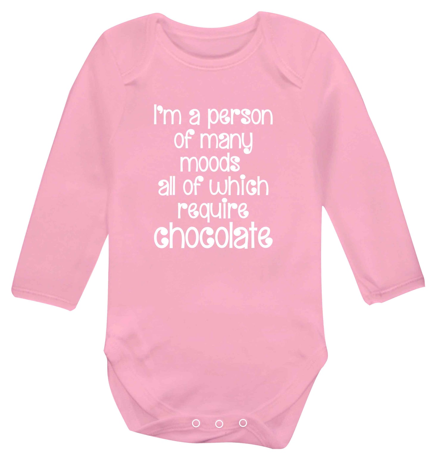 funny gift for a chocaholic! I'm a person of many moods all of which require chocolate baby vest long sleeved pale pink 6-12 months