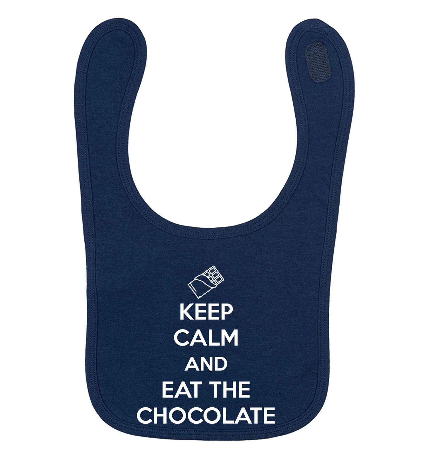 funny gift for a chocaholic! Keep calm and eat the chocolate navy baby bib