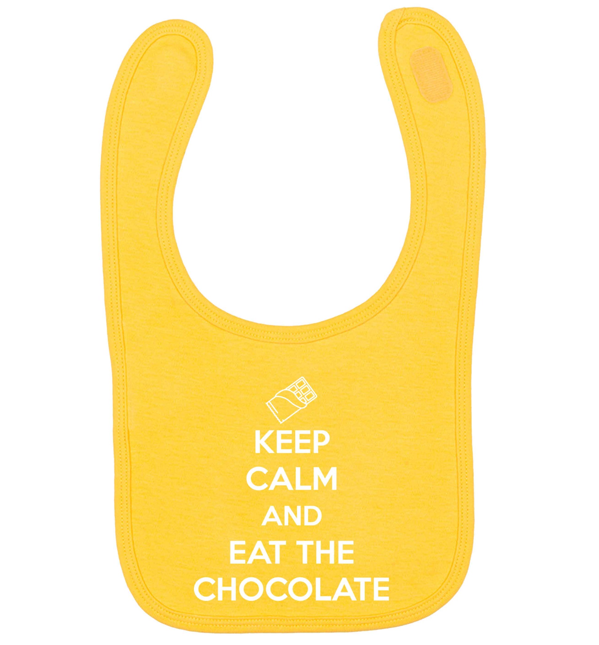 funny gift for a chocaholic! Keep calm and eat the chocolate yellow baby bib