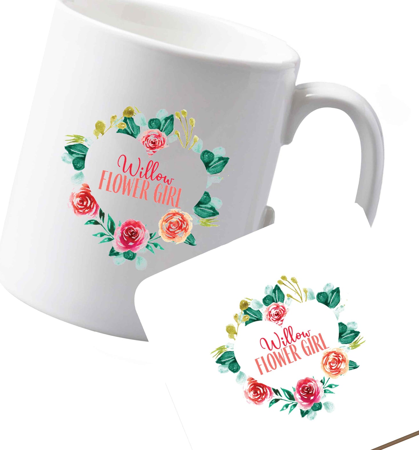 10 oz Ceramic mug and coaster Perfect wedding guest favours or hen party gifts! Personalised bridal floral wreath designs, any name, any role! both sides